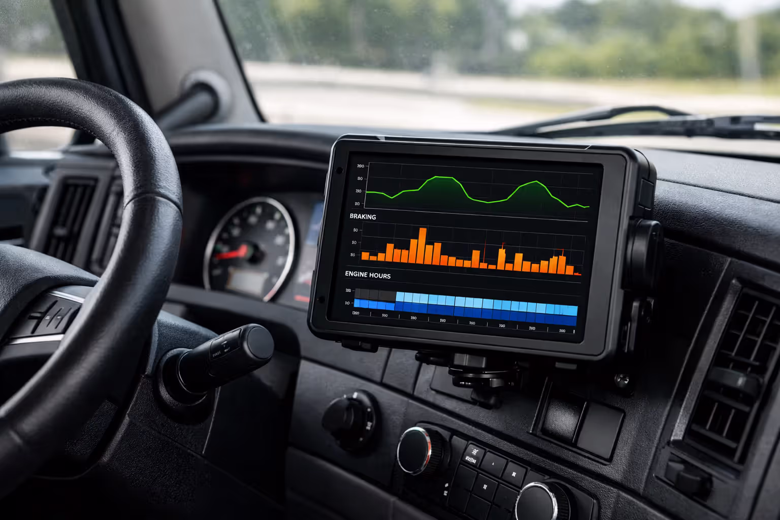 Close-up of an electronic logging device mounted on a commercial truck dashboard displaying speed and braking data graphs