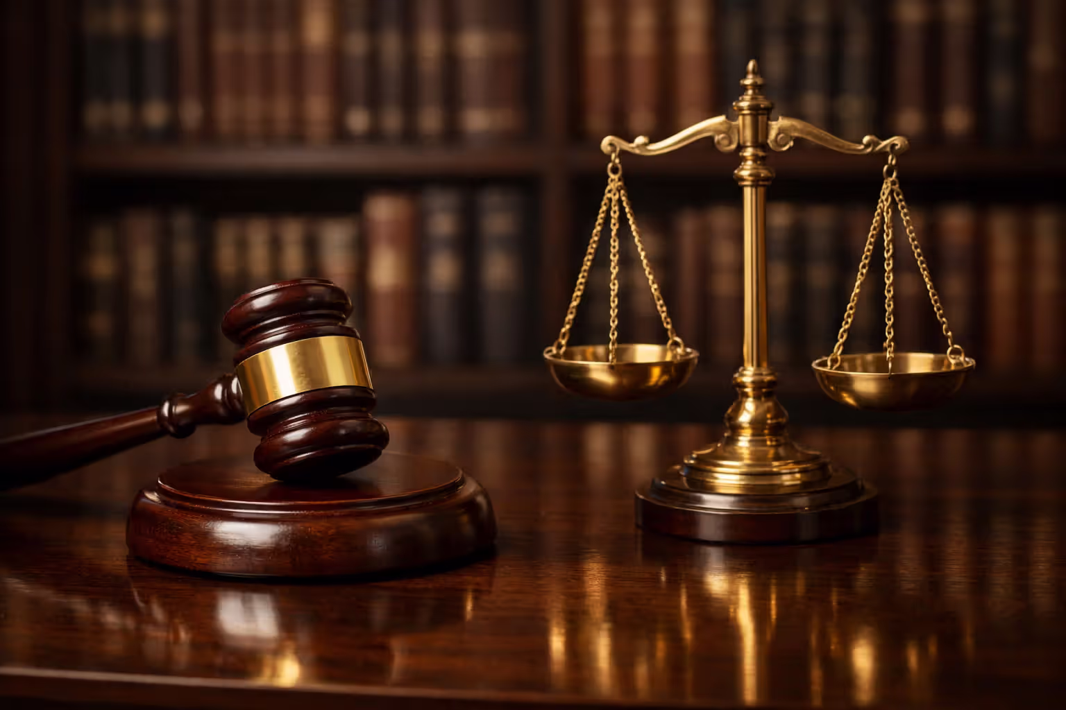 Wooden judge gavel on a stand next to scales of justice on a dark polished desk with law books blurred in the background