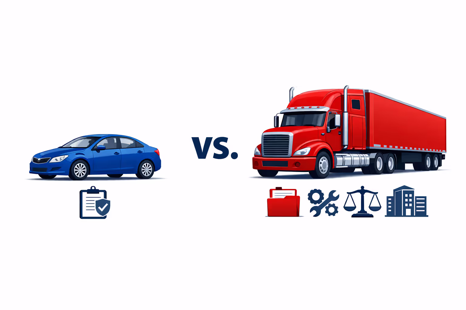 Infographic comparing a small sedan versus a large semi-truck showing multiple liability and insurance icons for the truck side
