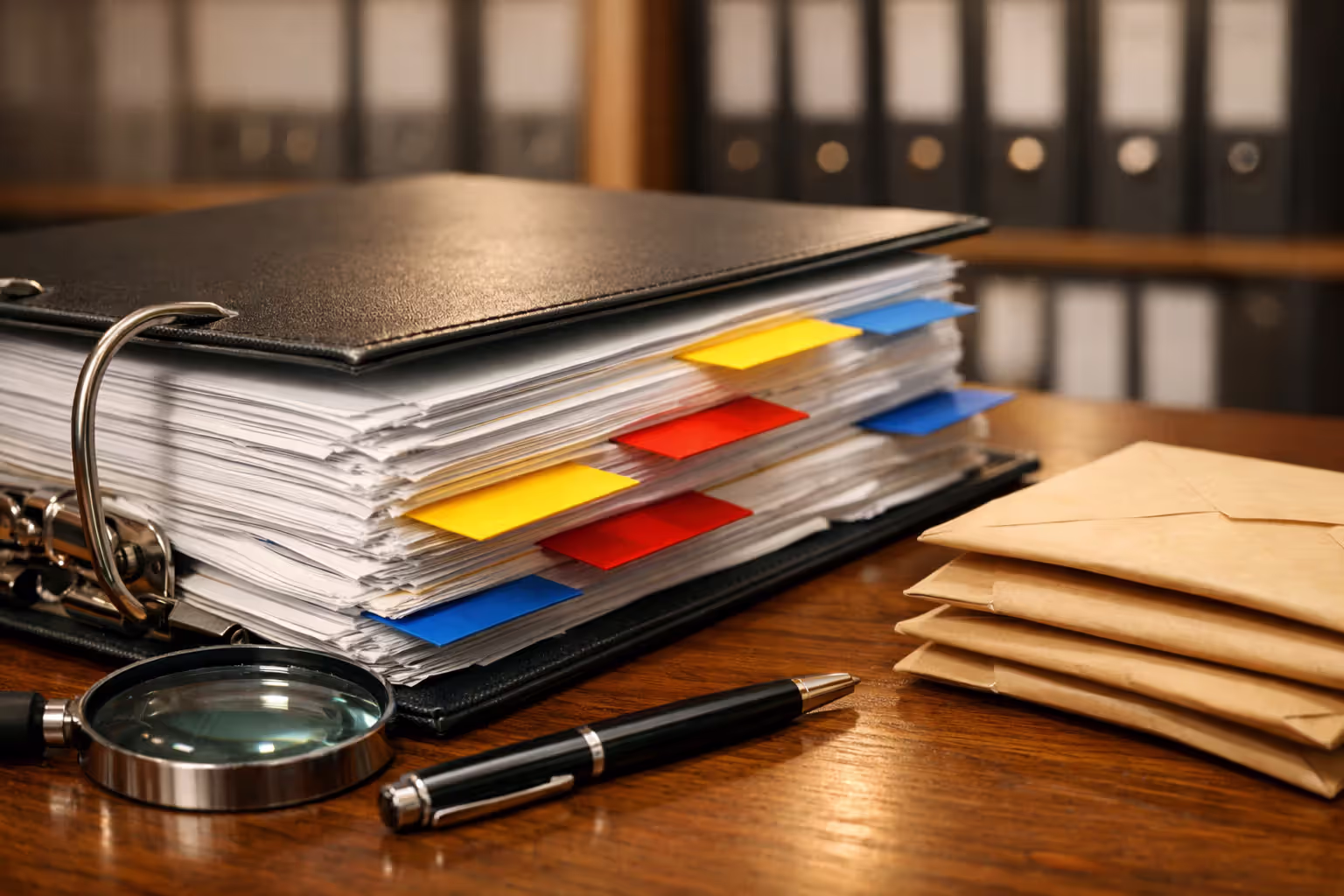 Close-up of an open thick legal case folder with colored tab dividers, magnifying glass, pen, and sealed envelopes on a wooden desk