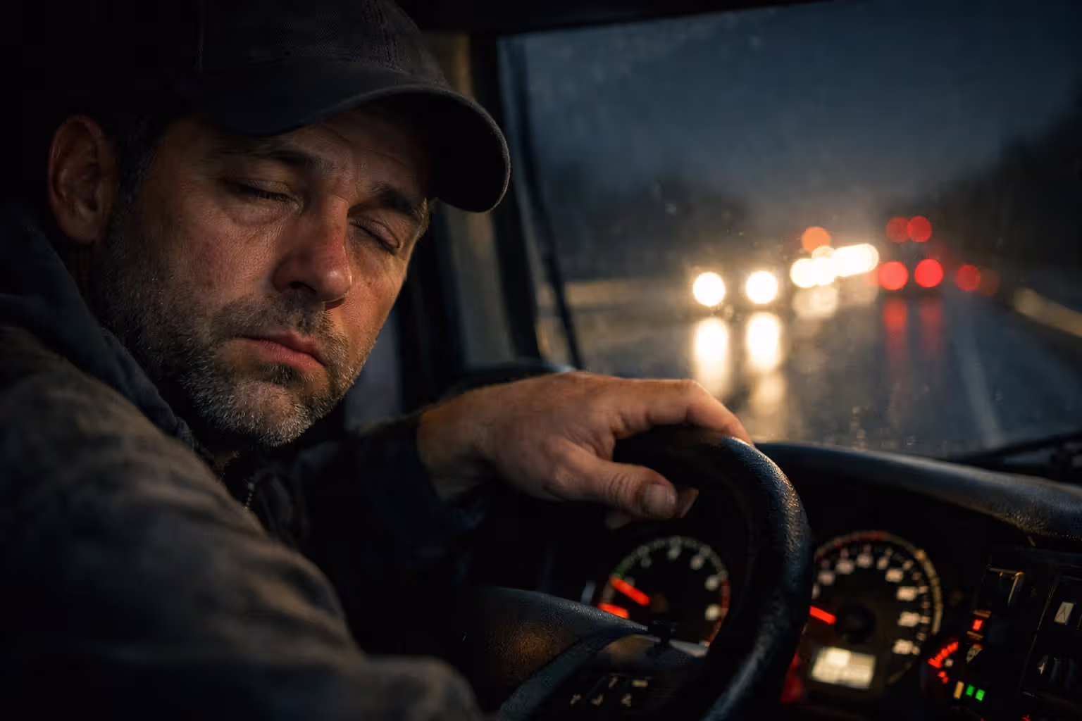 Exhausted truck driver struggling to keep eyes open while driving at night on a highway