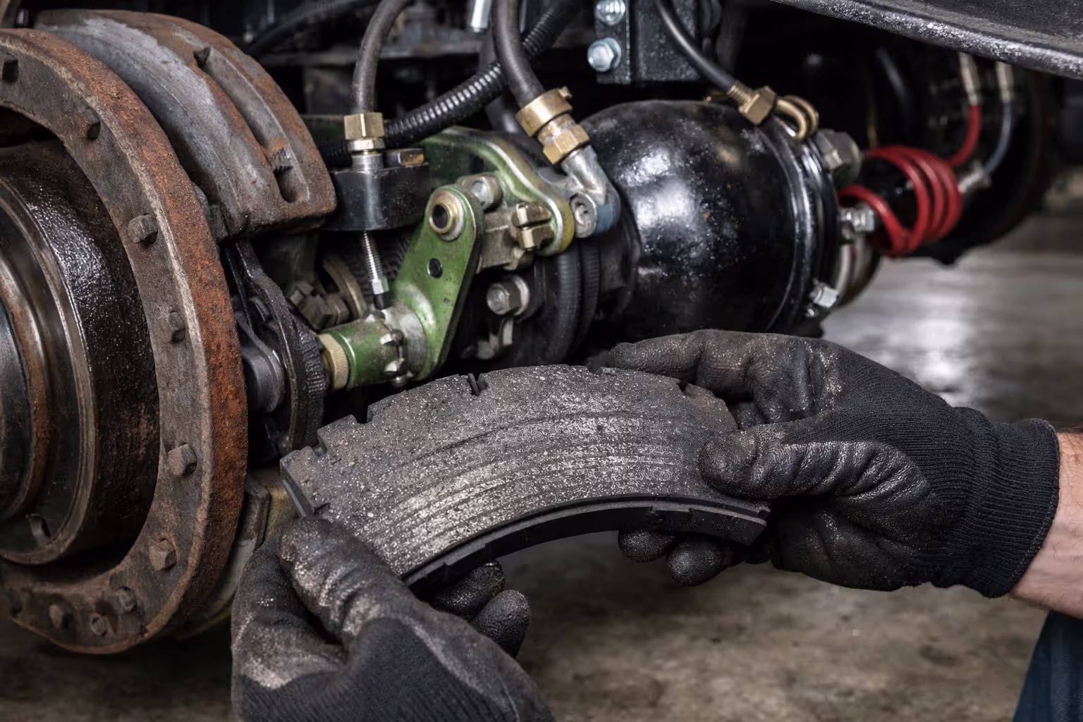Mechanic inspecting worn brake components of a commercial truck air brake system in a maintenance garage