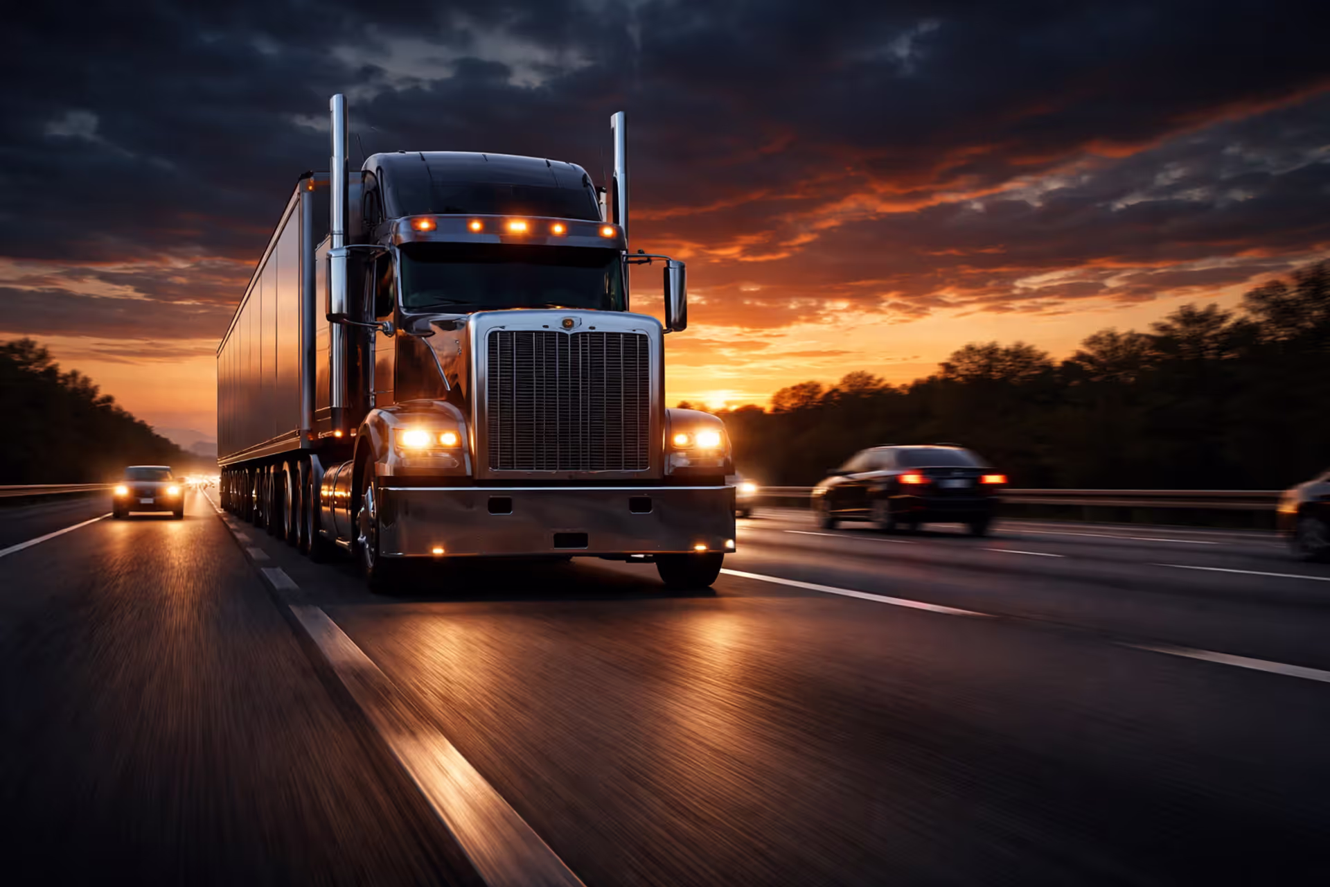 Large semi-truck driving on an interstate highway at dusk alongside smaller passenger vehicles showing size contrast
