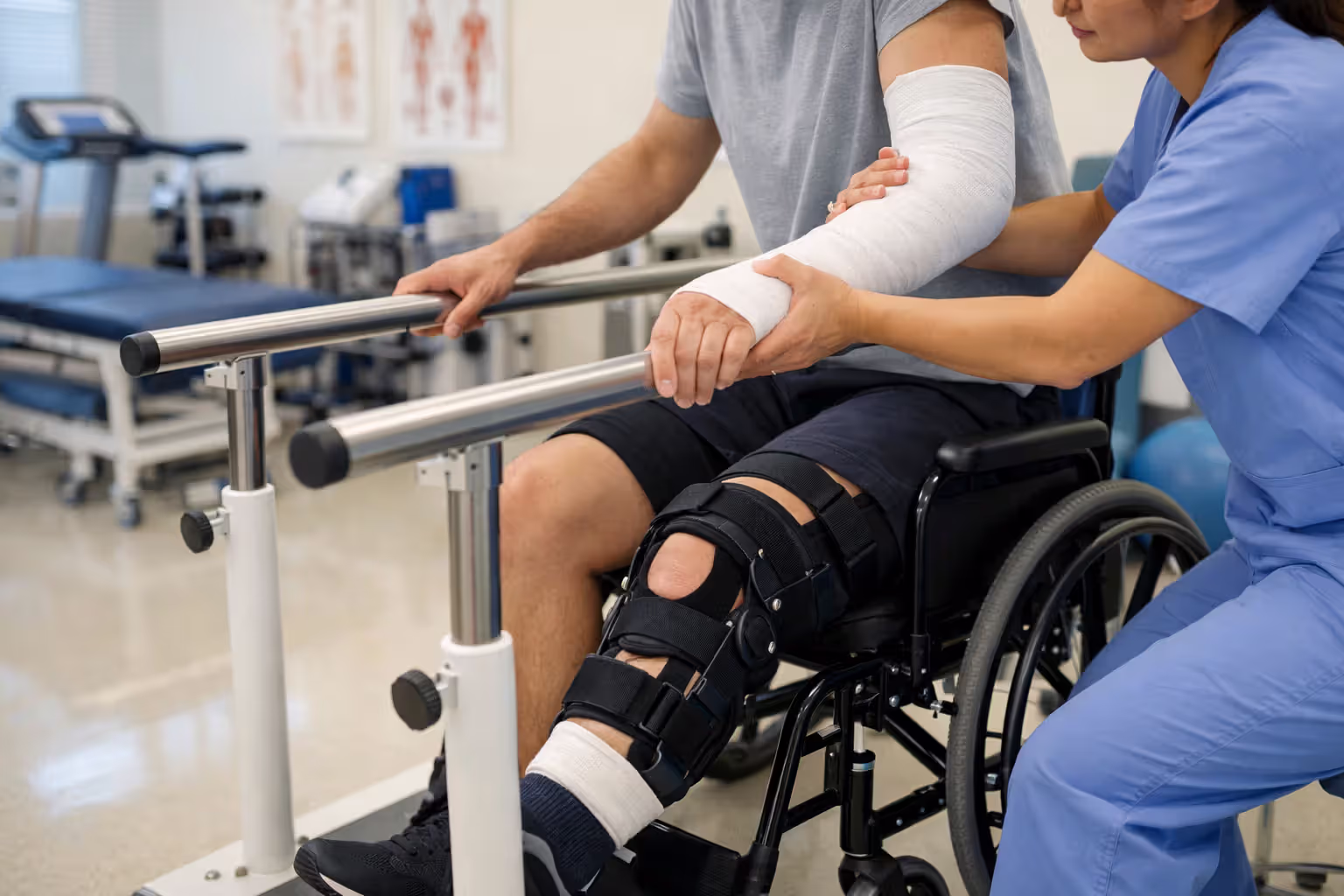 Injured patient in wheelchair working with physical therapist during rehabilitation after a serious accident