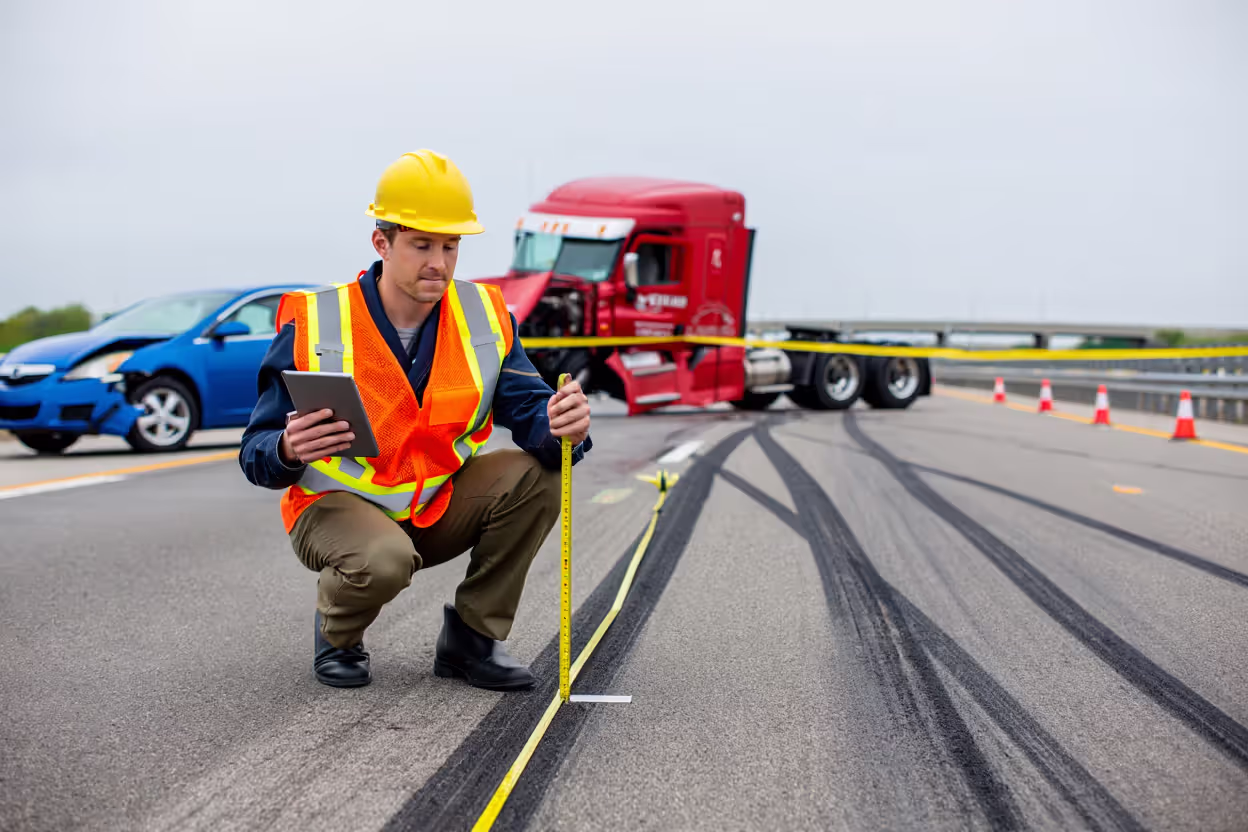 Accident reconstruction expert measuring skid marks on highway at truck collision scene with damaged vehicles in background