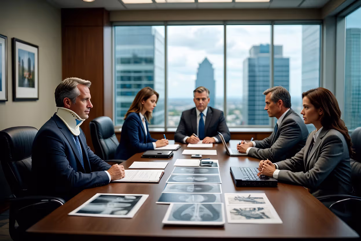 Settlement negotiation meeting between truck accident victim wearing neck brace with attorney and insurance company representatives in law office conference room