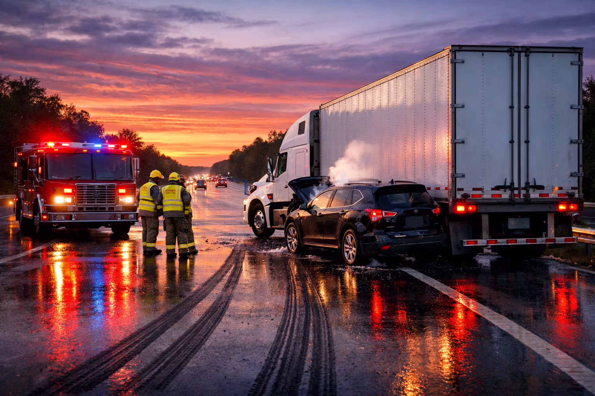 Evening highway scene showing white semi-truck rear-ending black SUV with smoke rising from damaged vehicle while firefighters in reflective vests assess the crash site under colorful sunset sky with emergency lights reflecting on wet pavement