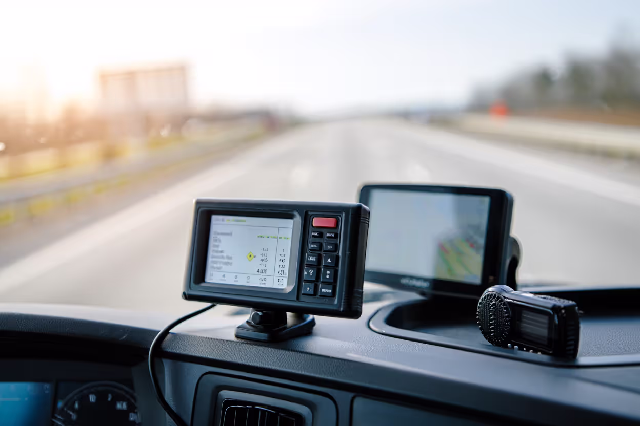Close-up of a commercial truck dashboard showing an electronic logging device ELD screen with hours of service data and monitoring equipment