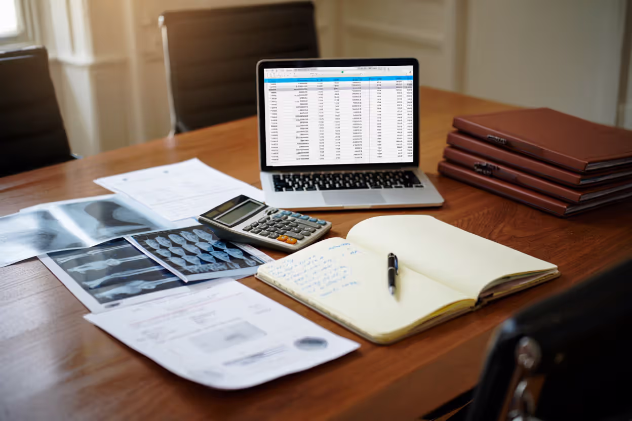 Office desk with medical records, X-ray images, calculator, and laptop showing settlement calculations for a truck accident injury case