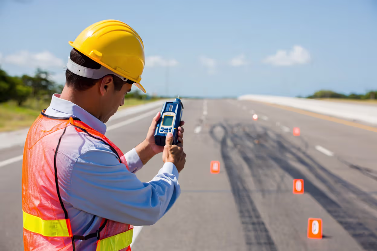 Accident reconstruction expert measuring skid marks on a road with laser equipment and orange evidence markers