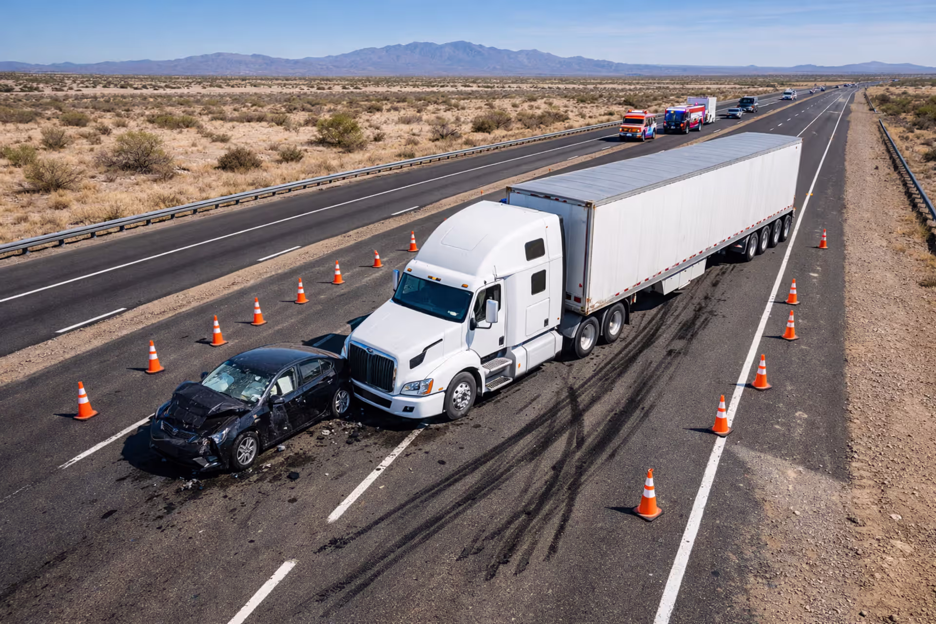 Truck accident scene on a highway with a damaged sedan next to an 18-wheeler semi-truck, emergency vehicles and orange cones on the road, New Mexico desert landscape in the background