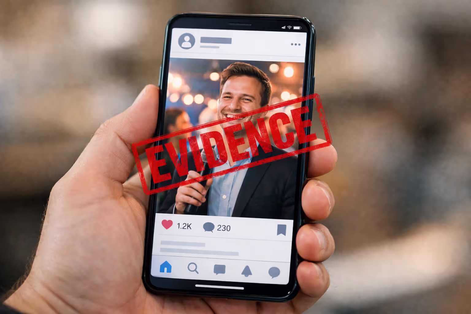 Smartphone showing a social media post with a red EVIDENCE stamp overlay illustrating how insurance companies use social media posts against truck accident victims