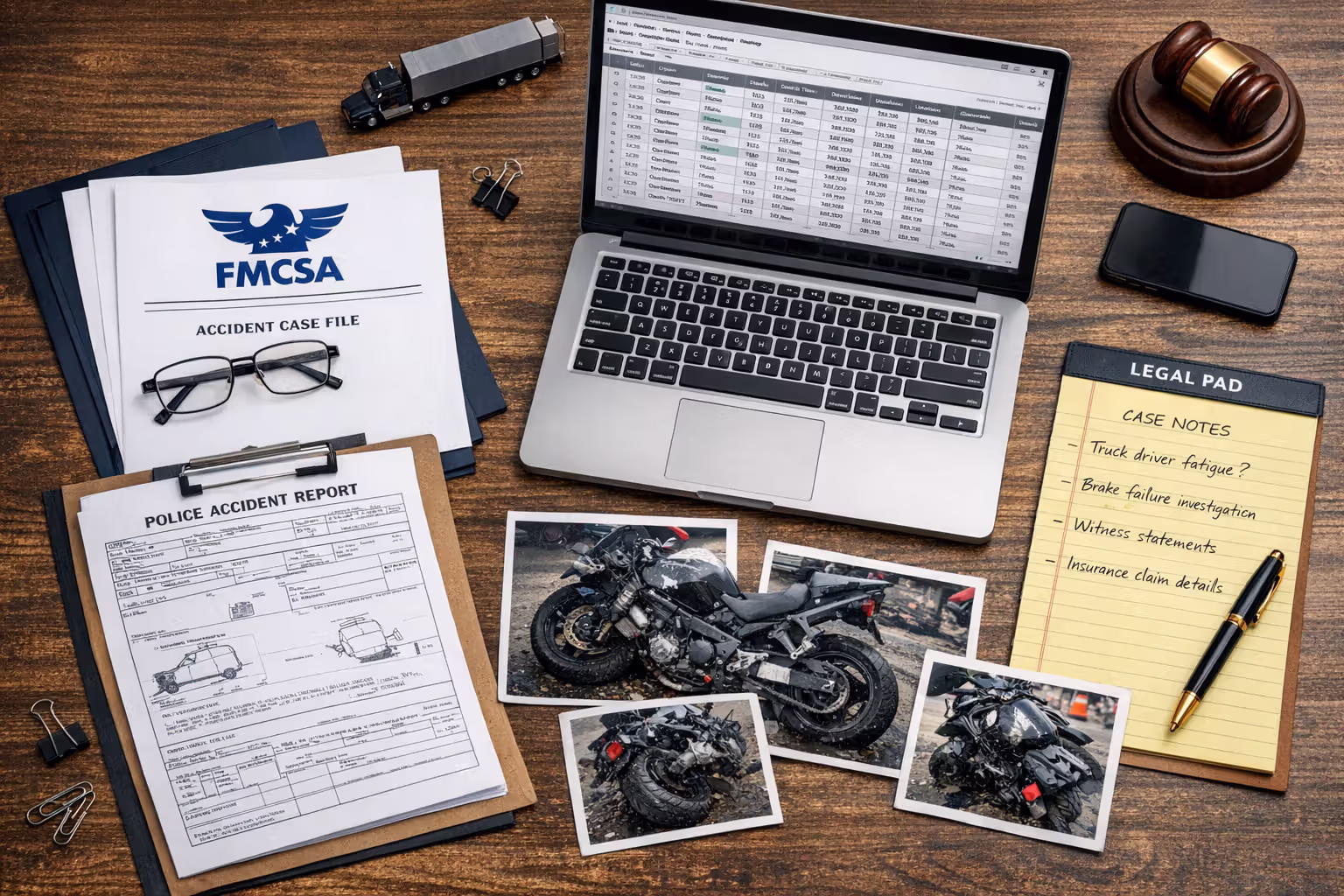 Lawyer desk with trucking accident case documents including FMCSA regulations electronic logging data police report and motorcycle damage photos