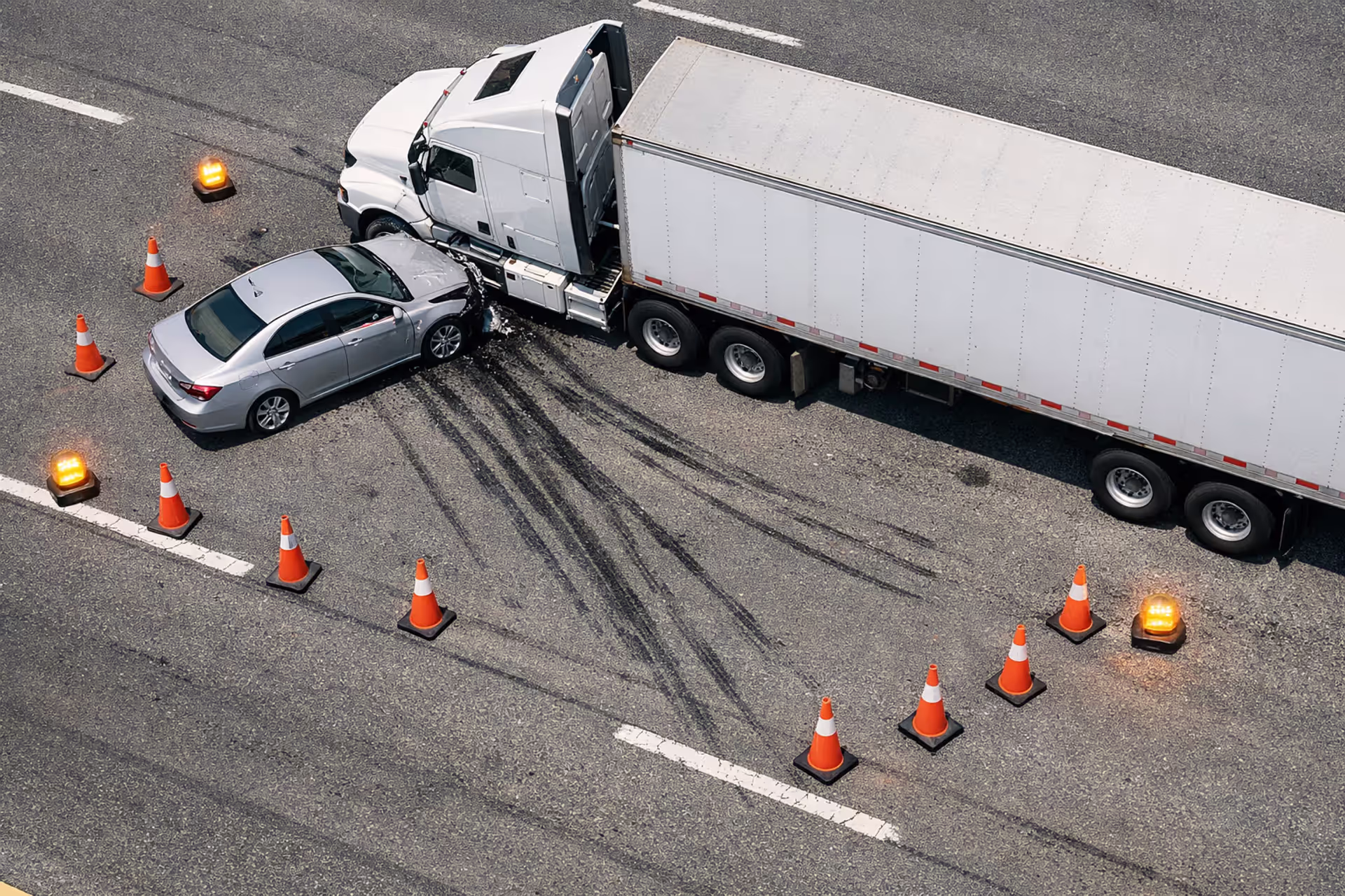 Semi truck accident scene on highway with damaged sedan, skid marks, and emergency cones