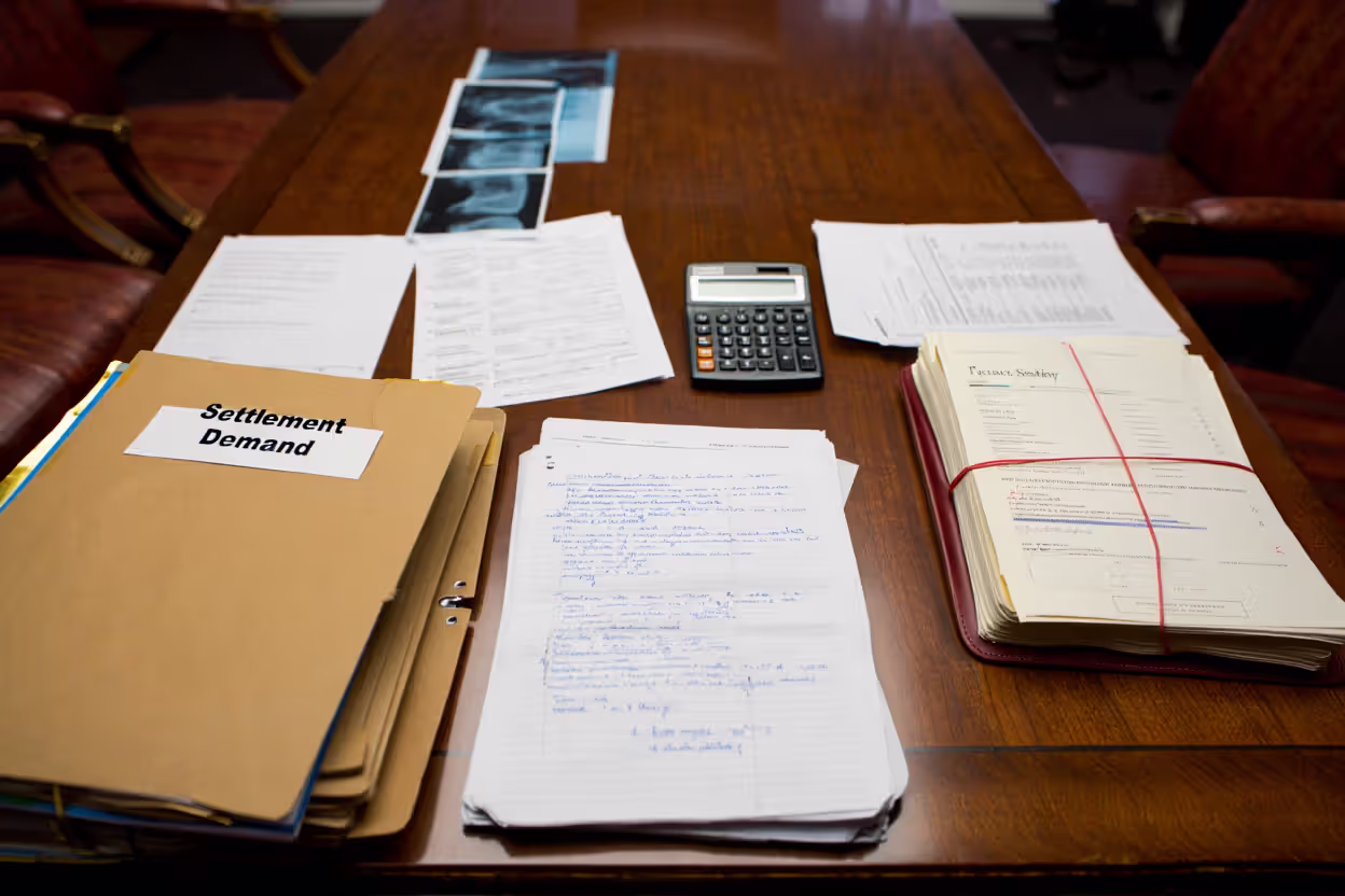 Settlement negotiation table with medical records, X-ray images, calculator, and settlement demand folder