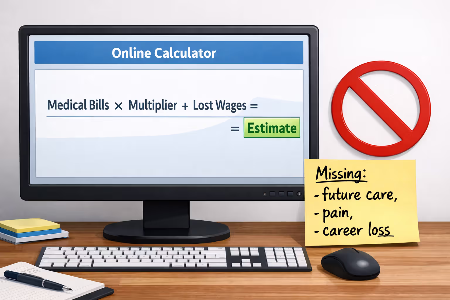 Online settlement calculator with warning sign showing formula fails to account for future care, pain, and career loss