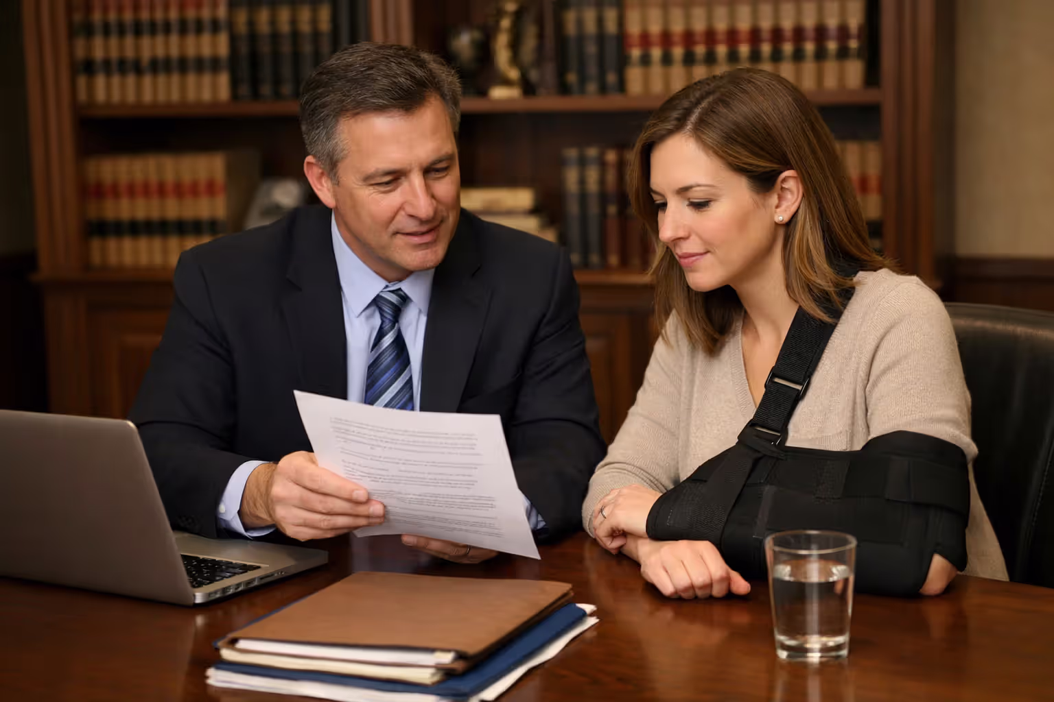 Attorney in suit reviewing legal documents with injured female client wearing arm brace in law office meeting room