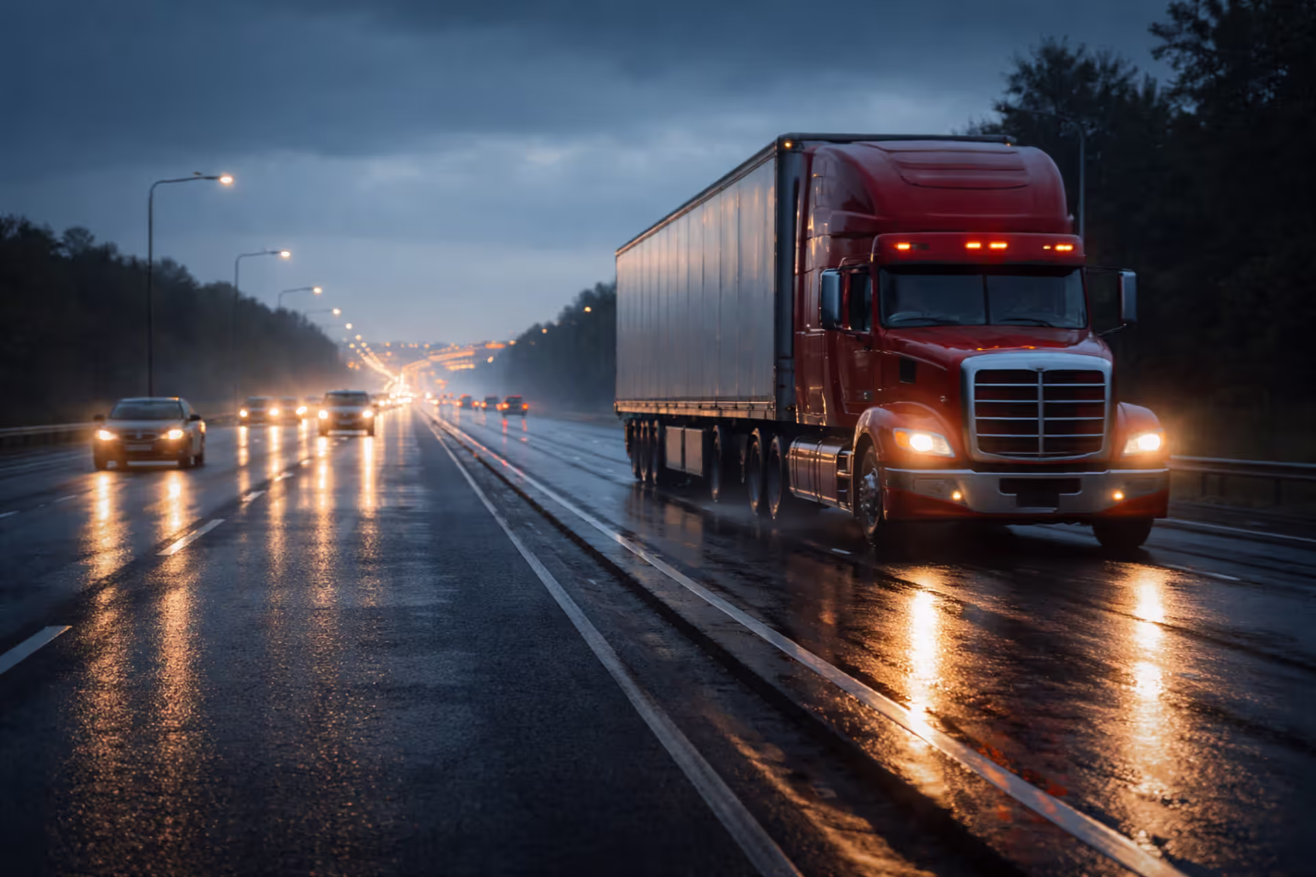 Large red 18-wheeler truck driving on wet multi-lane highway at dusk with headlights on next to smaller passenger cars
