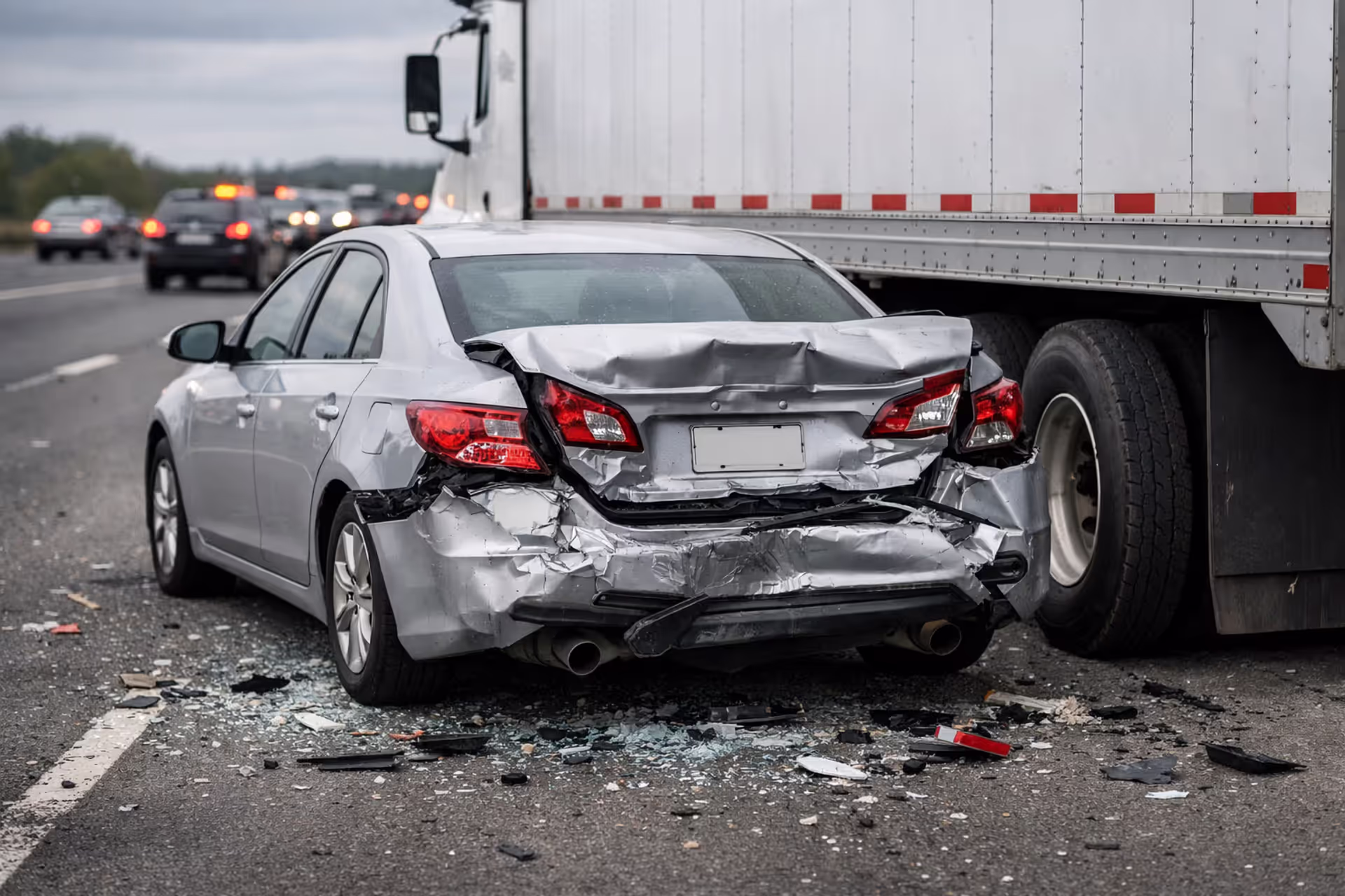 Damaged passenger car in front of a commercial semi-truck after a highway collision
