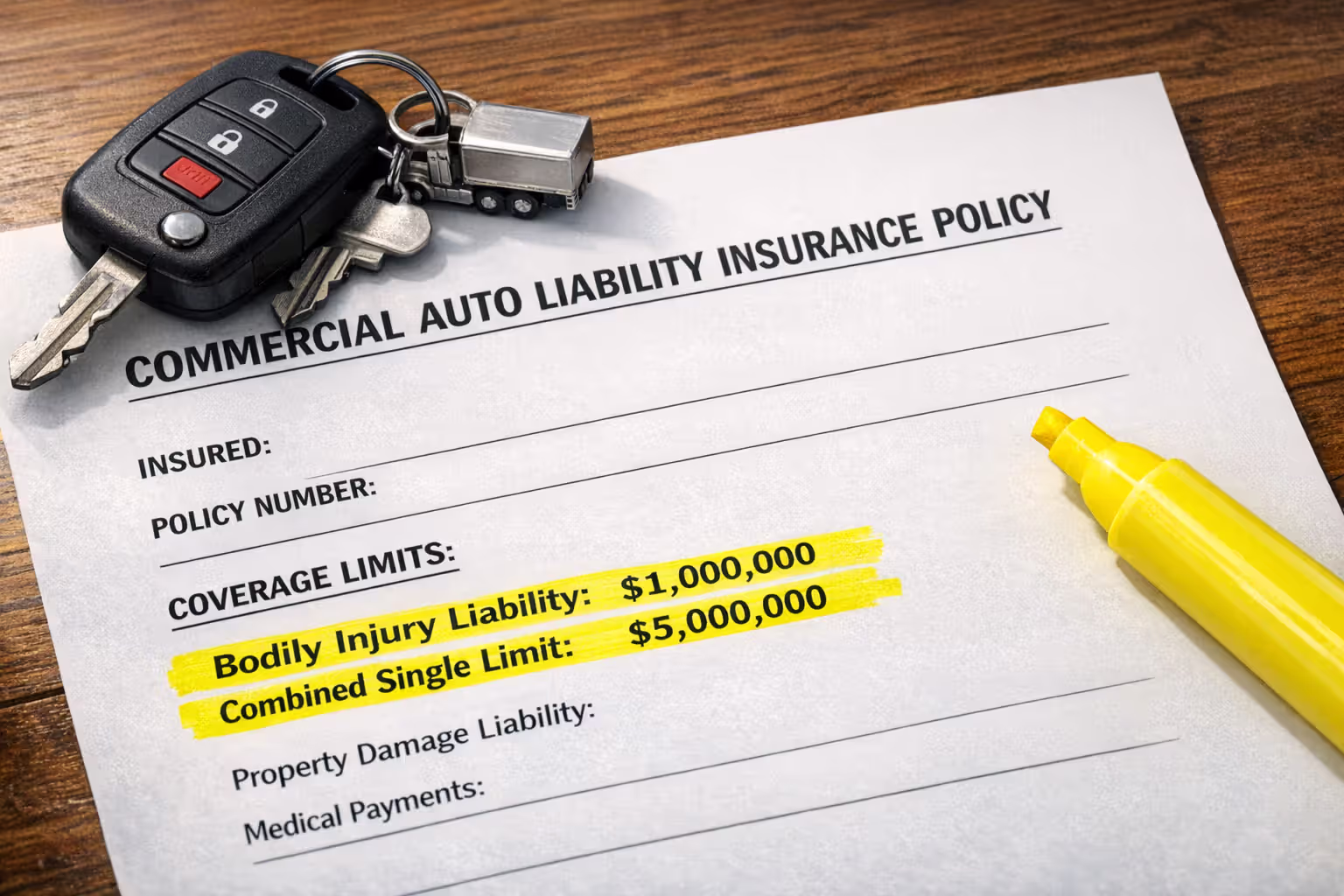 Commercial truck insurance policy with highlighted coverage limits on a wooden desk