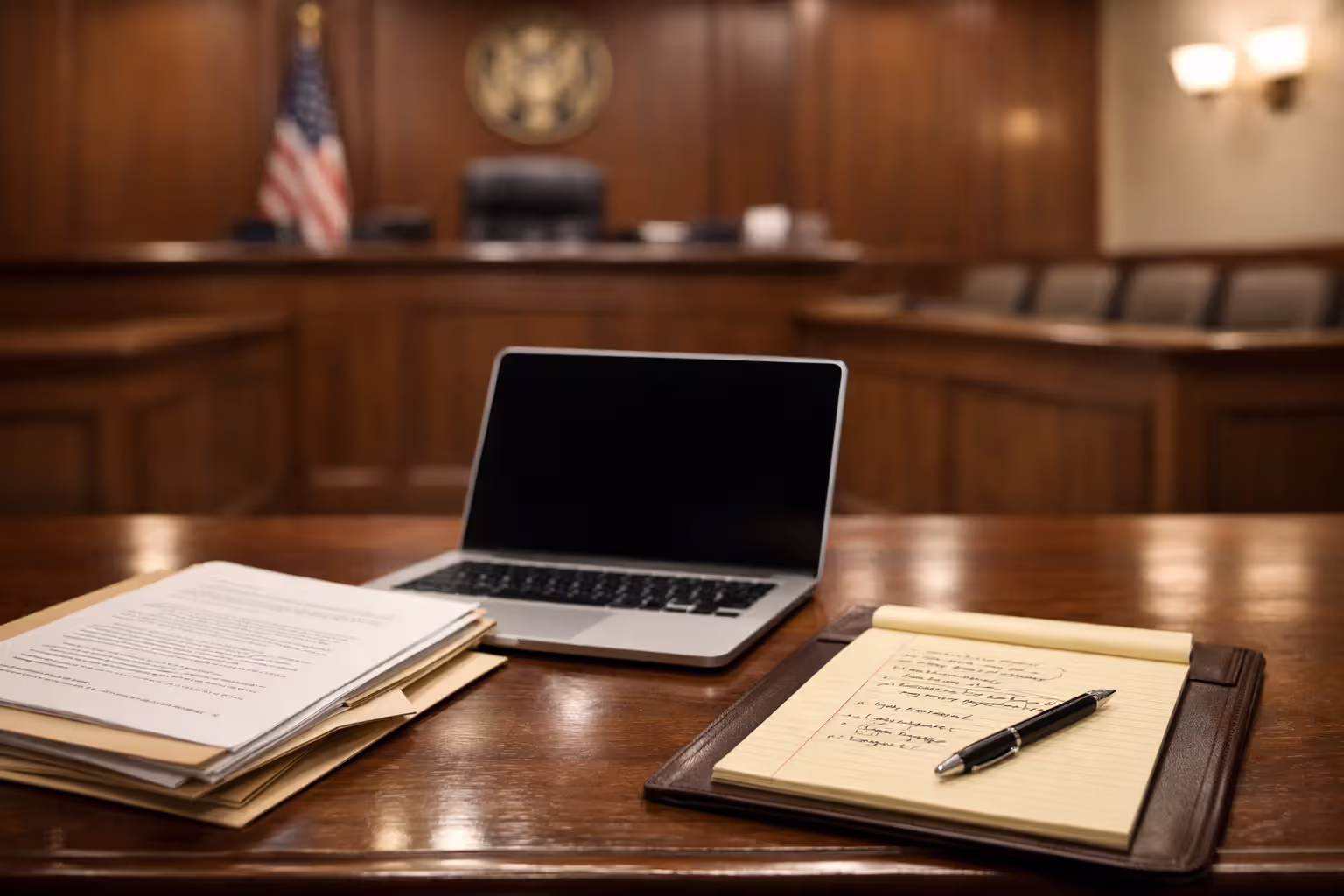 Plaintiff attorney’s desk with legal documents in an American courtroom