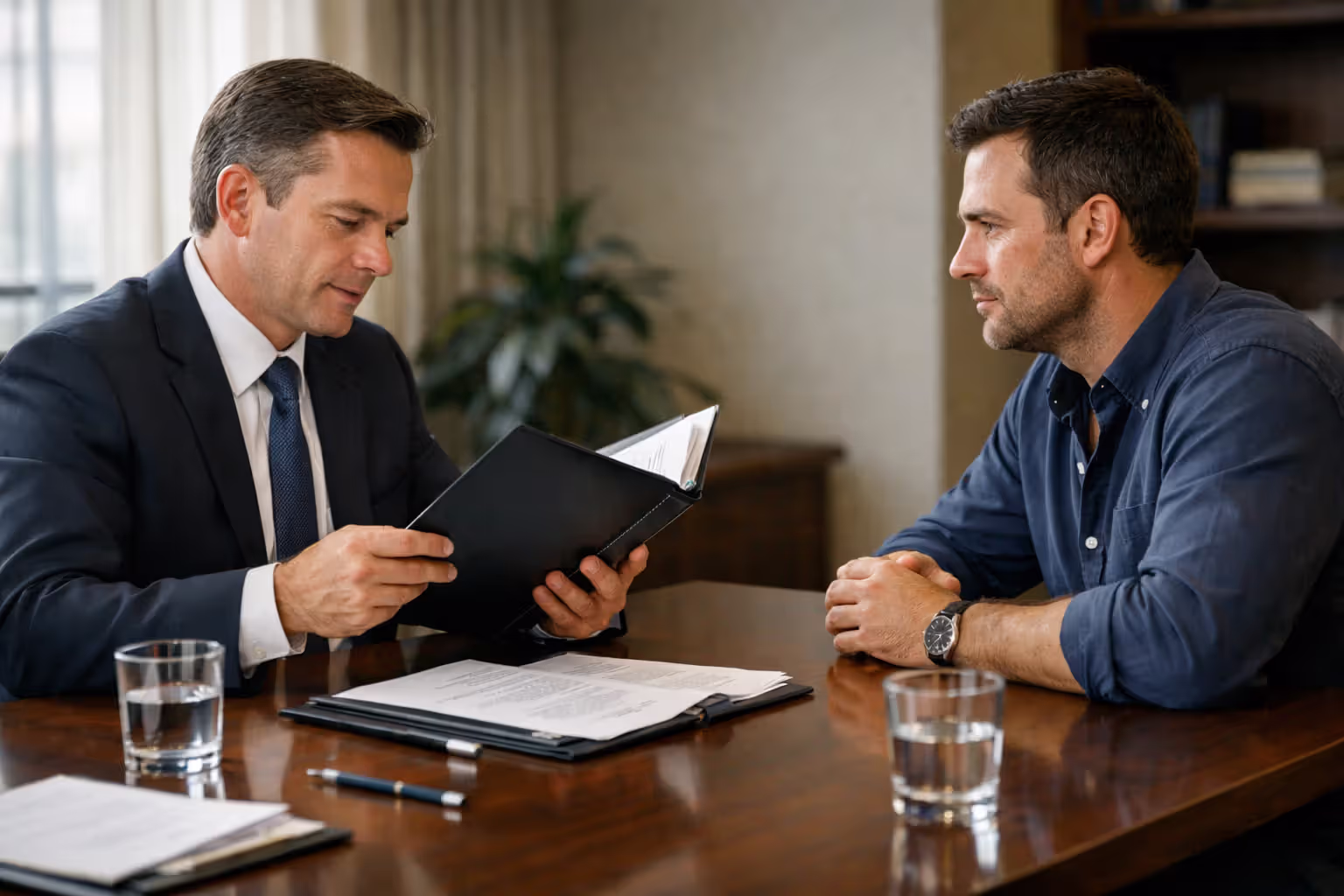 Attorney discussing a truck accident case with a client at a conference table