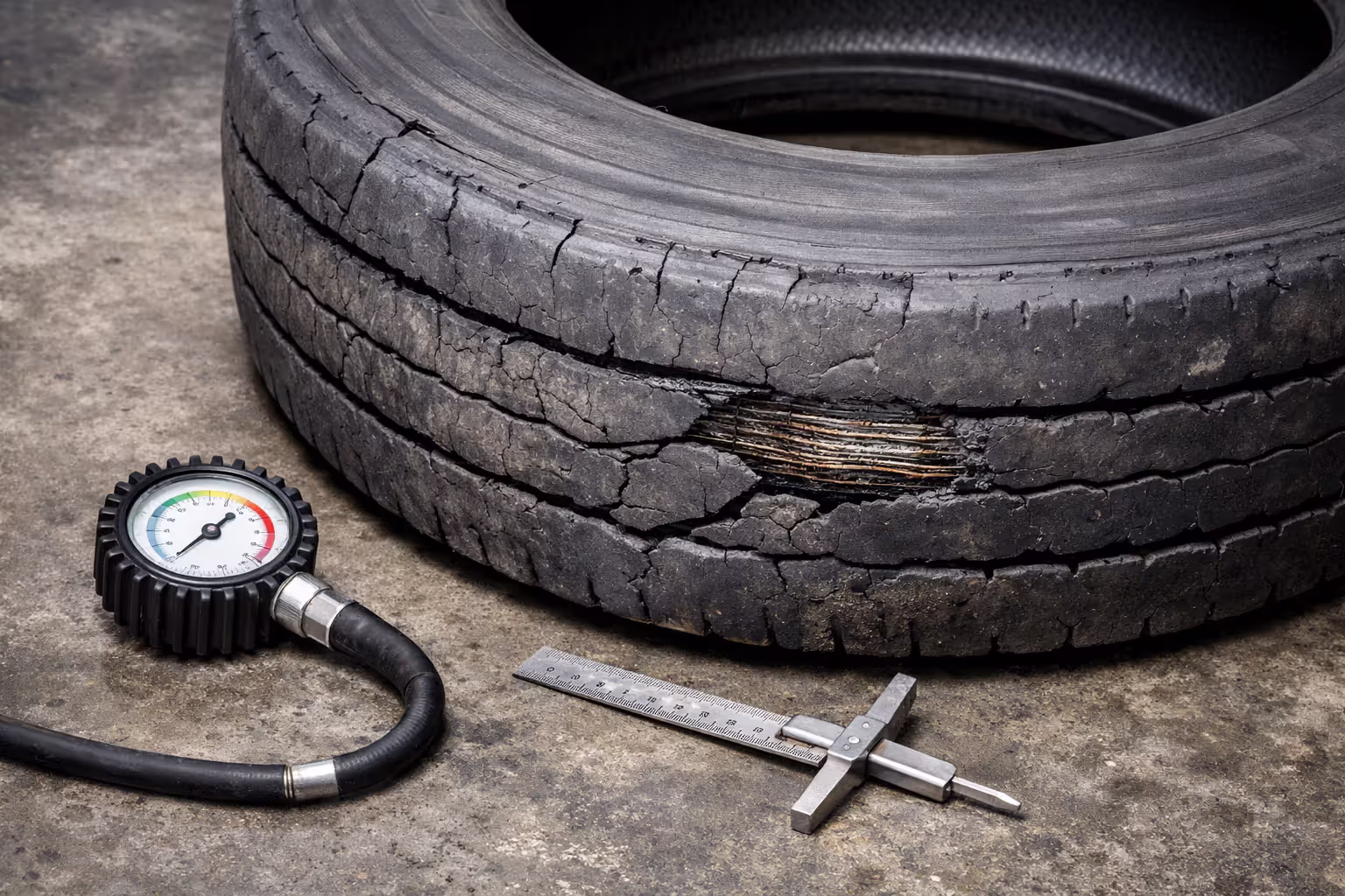 Close-up of worn commercial truck tire with cracked sidewall and exposed steel belts next to tire pressure gauge and tread depth ruler