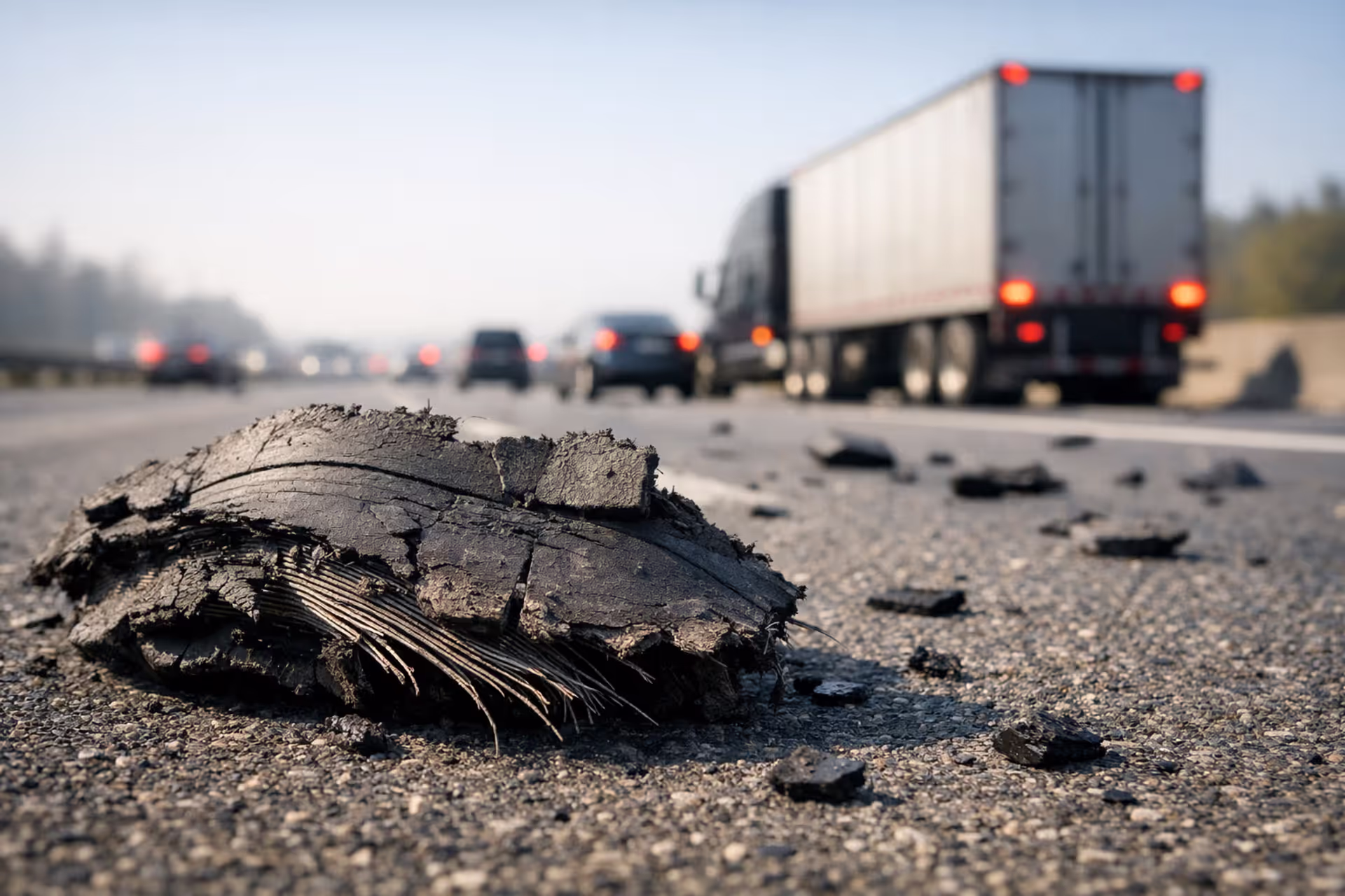Pieces of blown commercial truck tire scattered across highway asphalt with out-of-focus semi-truck on shoulder and traffic in background