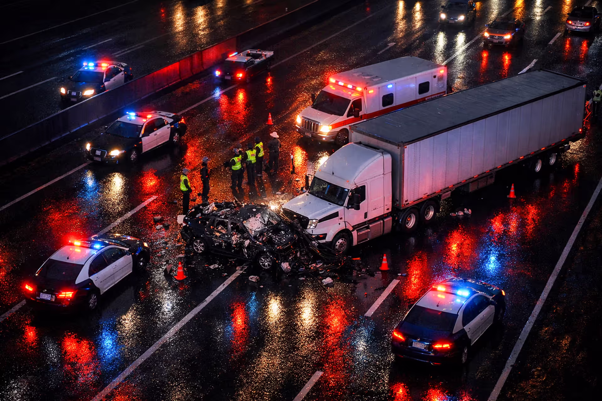 Severe nighttime collision between a passenger car and a semi-truck on a highway with emergency vehicles and flashing lights at the scene