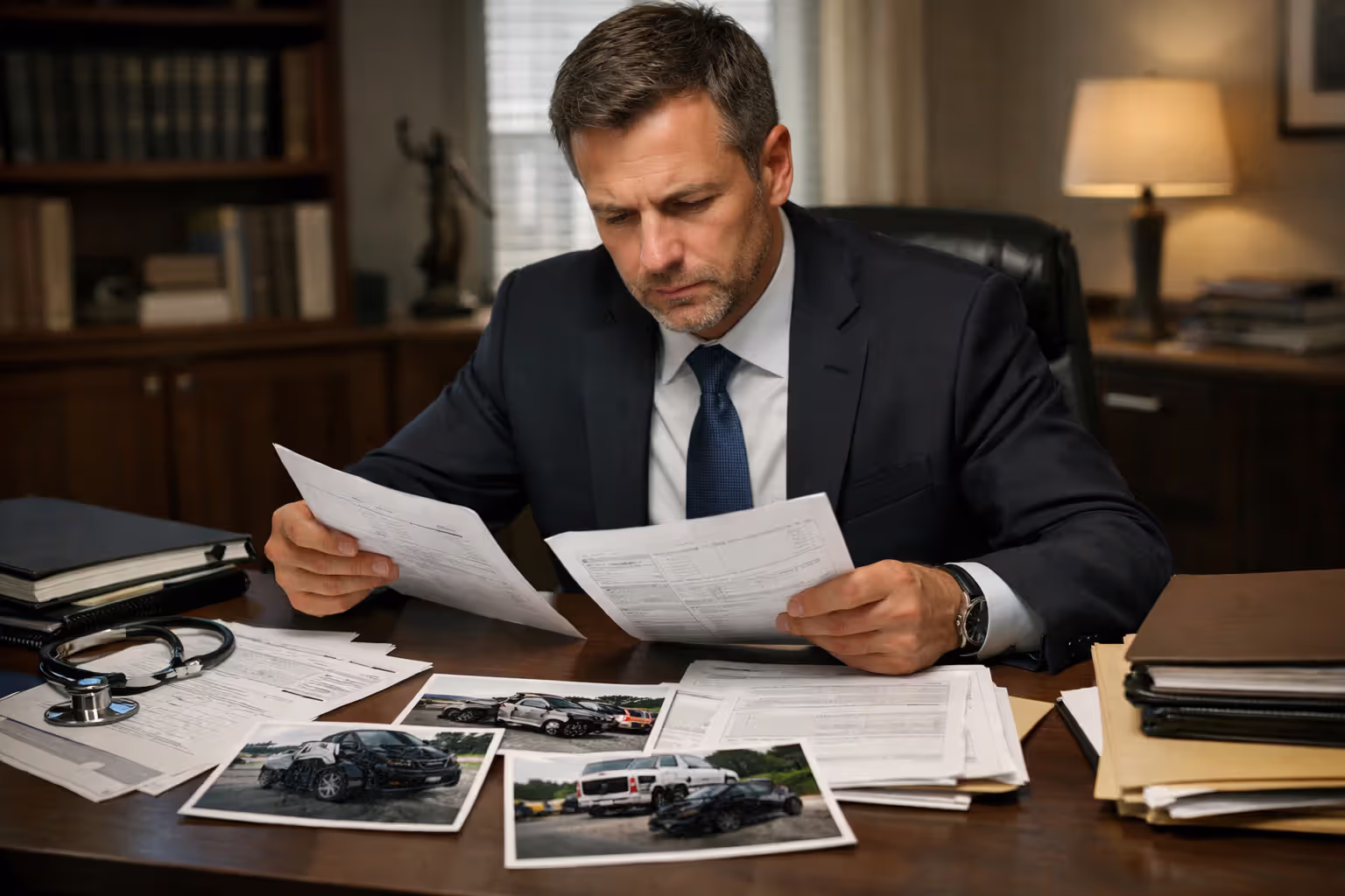 Attorney reviewing truck accident case documents and traffic camera footage at a desk