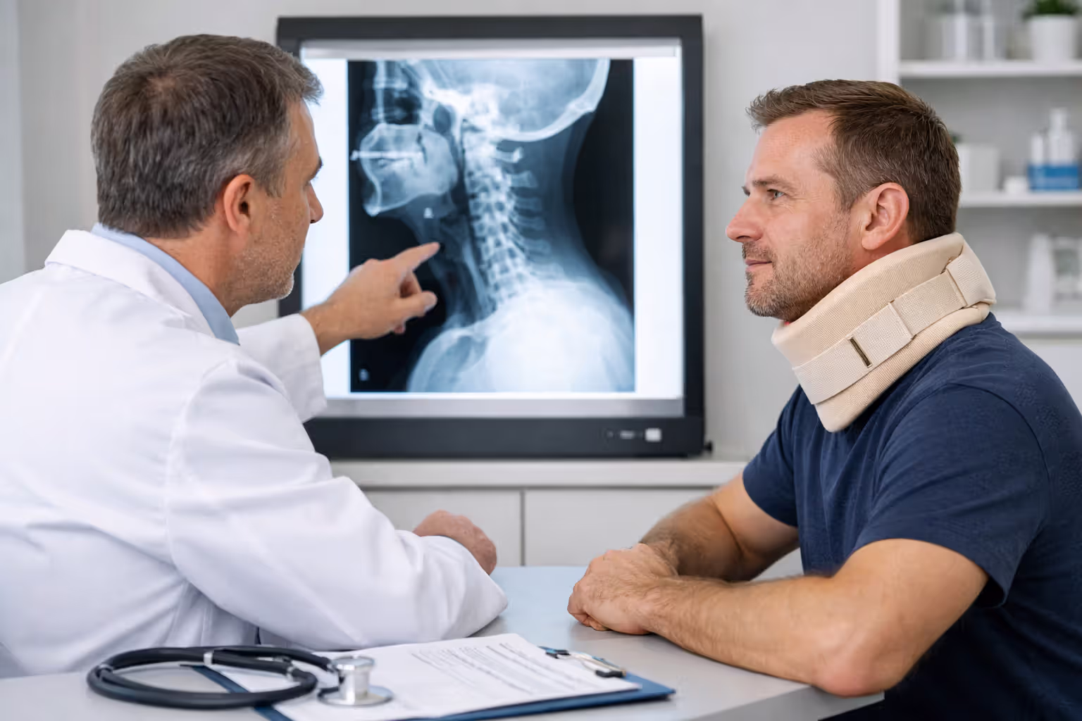 Doctor examining a cervical spine X-ray on a lightbox while a patient wearing a neck brace listens in a medical office