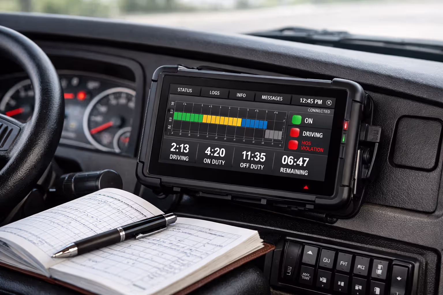 Electronic logging device mounted on truck dashboard displaying hours of service data with digital status indicators