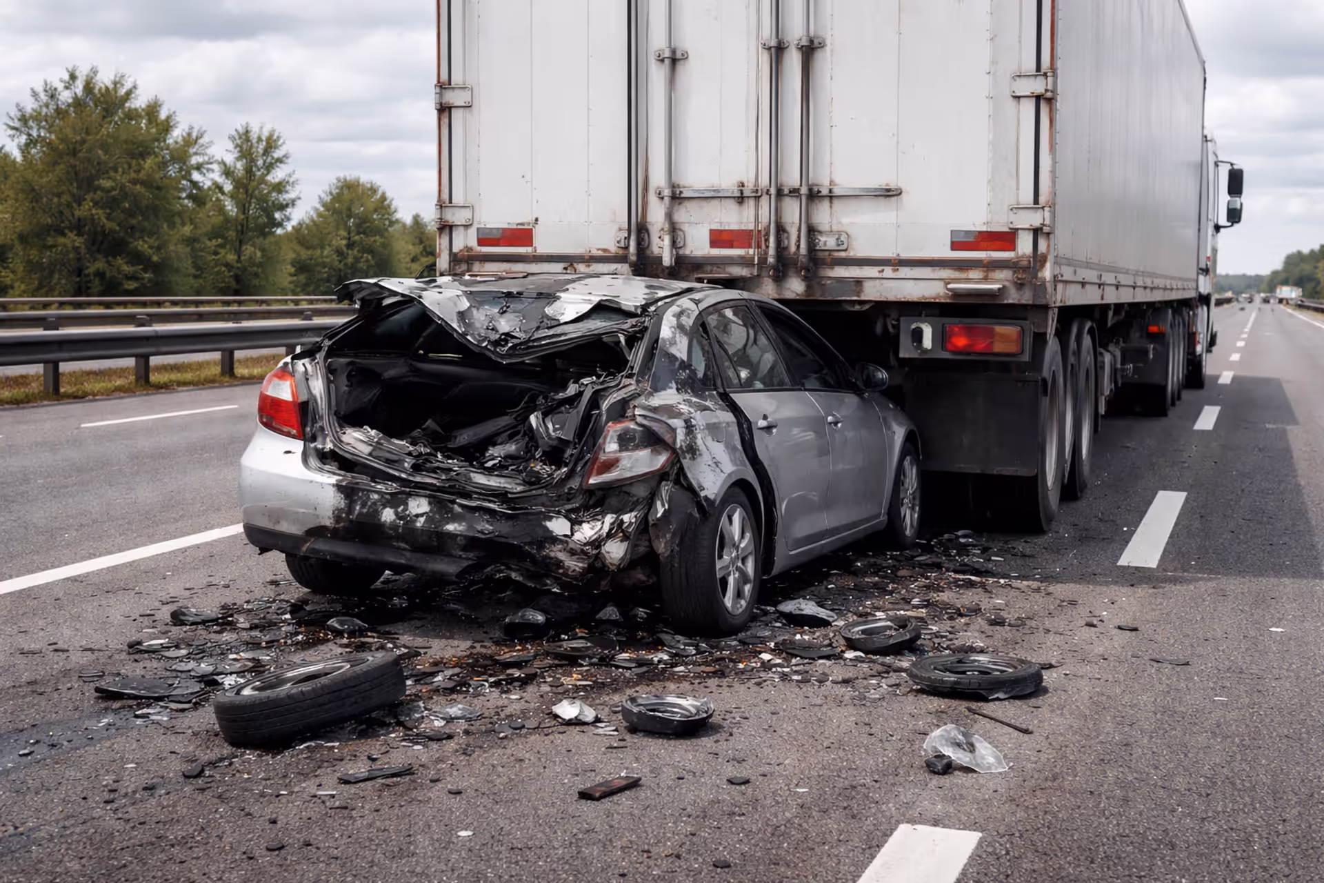 Severely damaged car after collision with large commercial semi-truck on highway