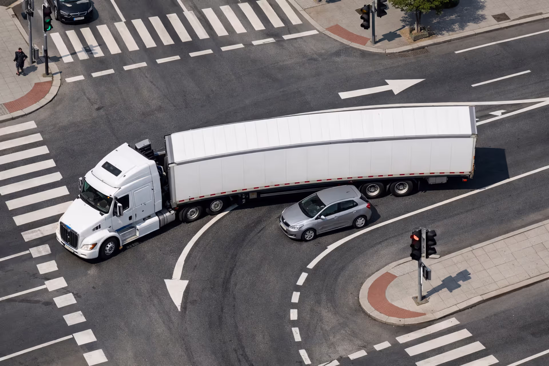 Aerial view of a semi-truck making a wide right turn at a city intersection with a small car dangerously close to the trailer