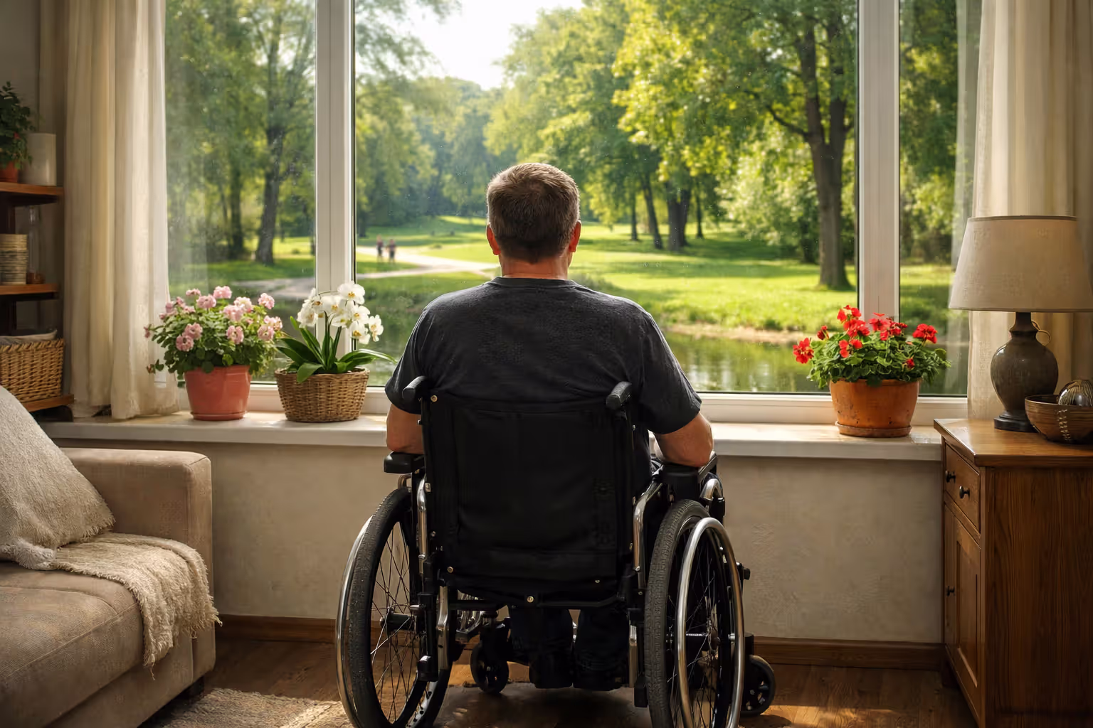 Person in wheelchair looking through window representing life after catastrophic truck accident injury