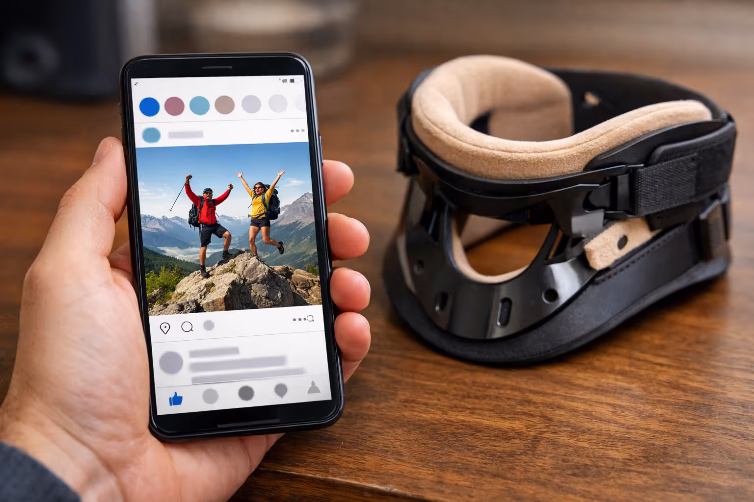 Smartphone showing social media post next to medical neck brace representing evidence risks in truck accident claims