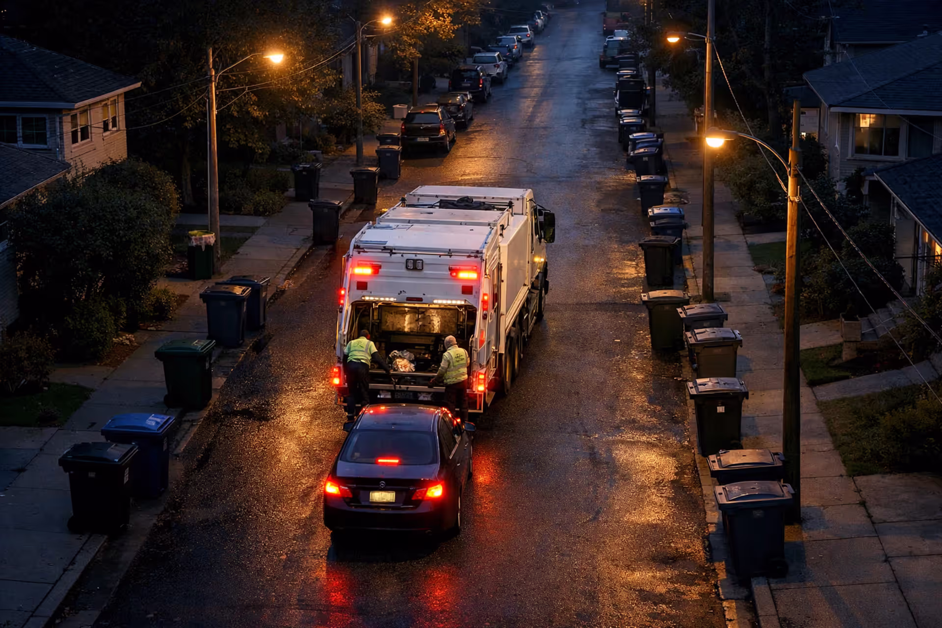 Garbage truck stopped on a narrow residential street at dawn with a sedan waiting behind it