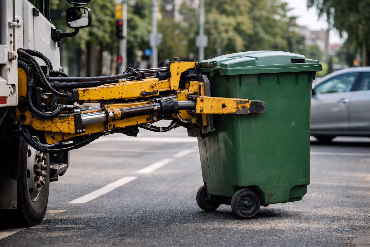 Automated side-loader arm of a garbage truck extending across a traffic lane to grab a curbside bin