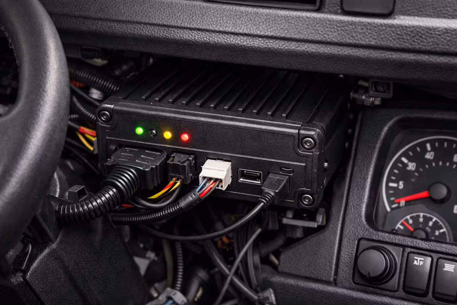 Close-up of a truck event data recorder (black box) installed under the dashboard with visible wiring and indicator lights
