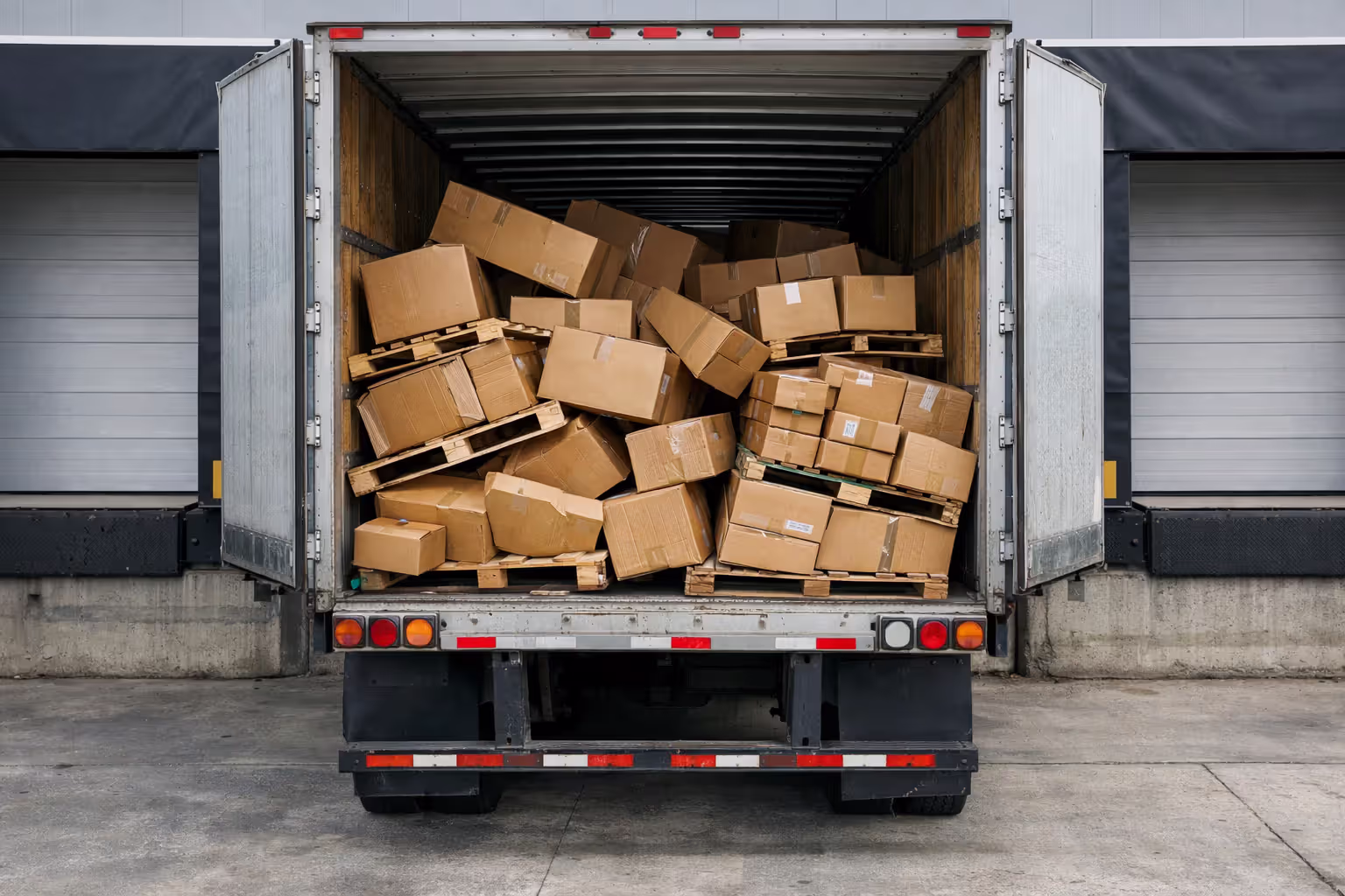 Rear view of an open semi-trailer at a loading dock showing improperly secured and shifted cargo boxes and pallets