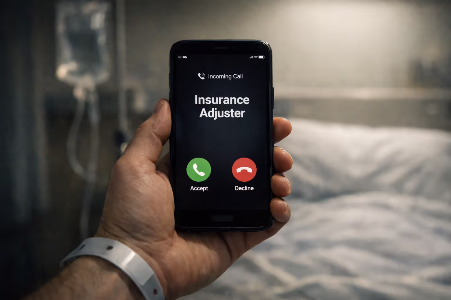 Hospital patient hand with wristband holding smartphone showing incoming call from insurance adjuster in a hospital room