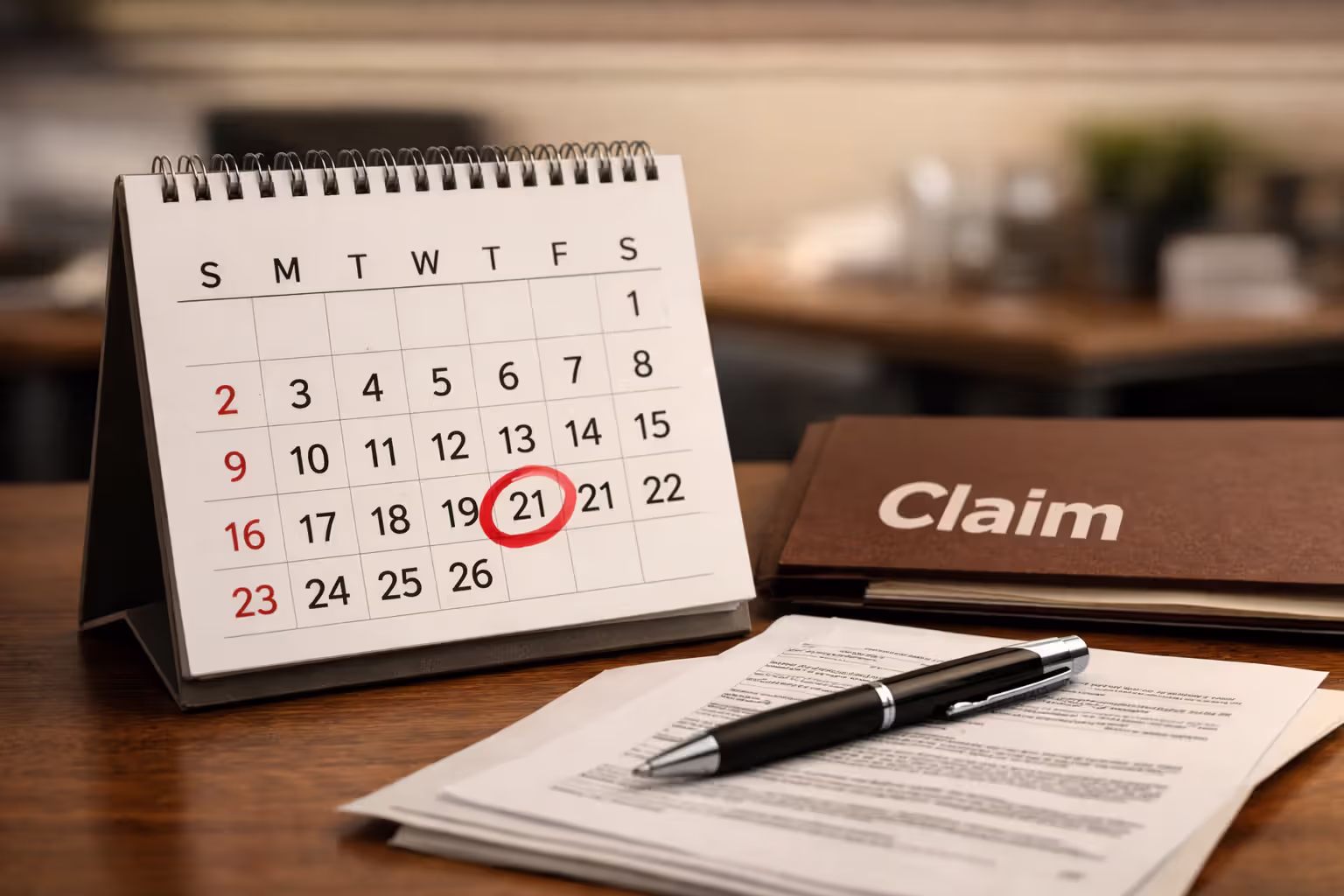 Calendar with a circled deadline date next to legal claim documents on an office desk