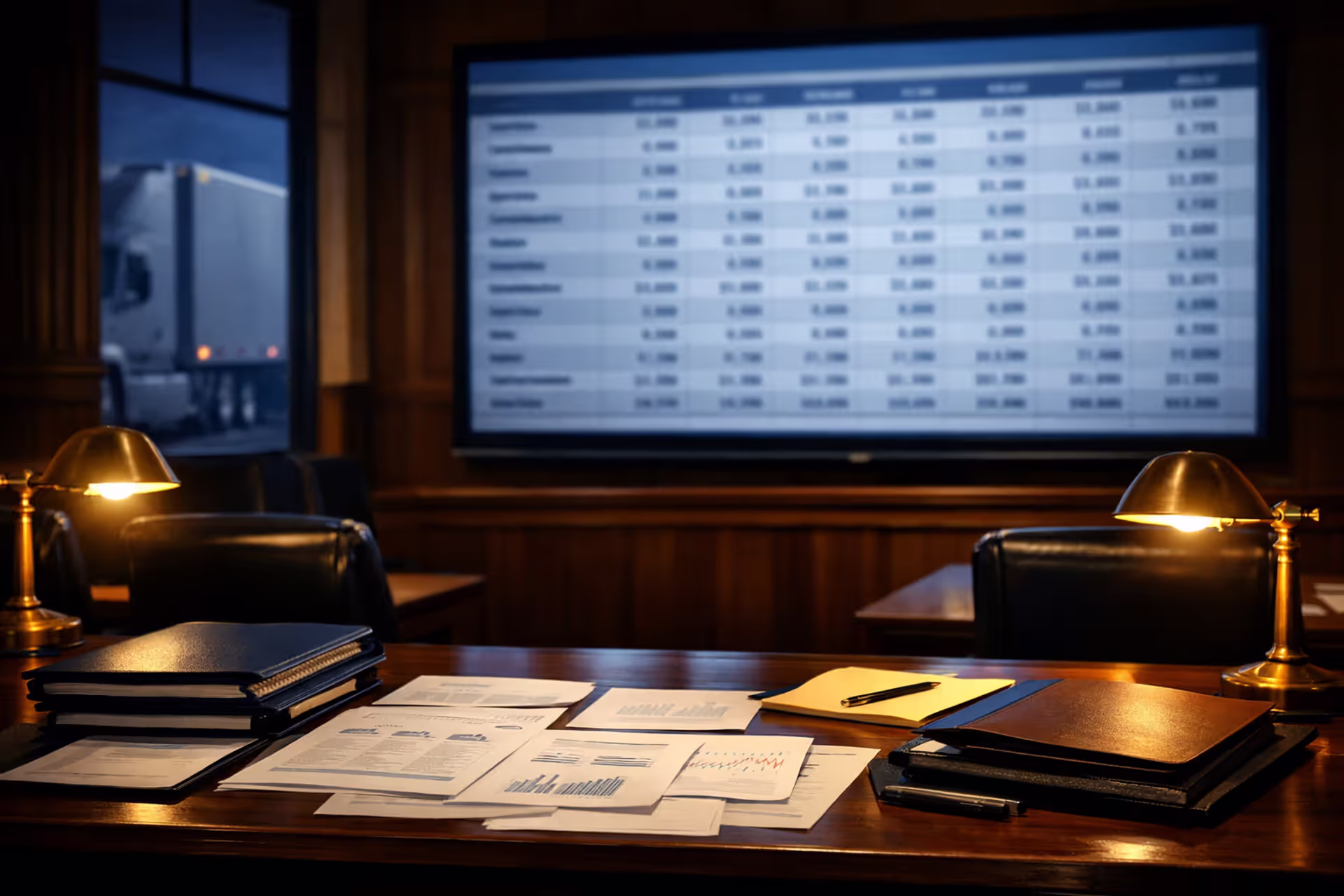 Courtroom interior with legal documents on plaintiff table and financial data displayed on screen, semi-truck visible through window