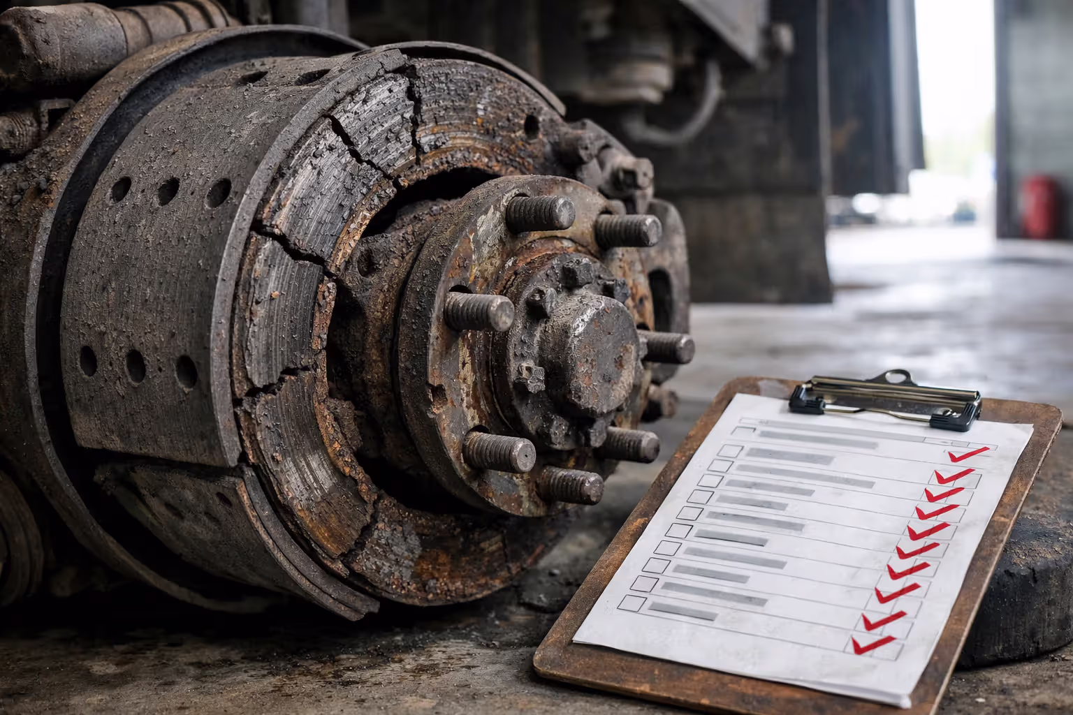 Close-up of severely worn and corroded truck brake system with inspection checklist on clipboard nearby