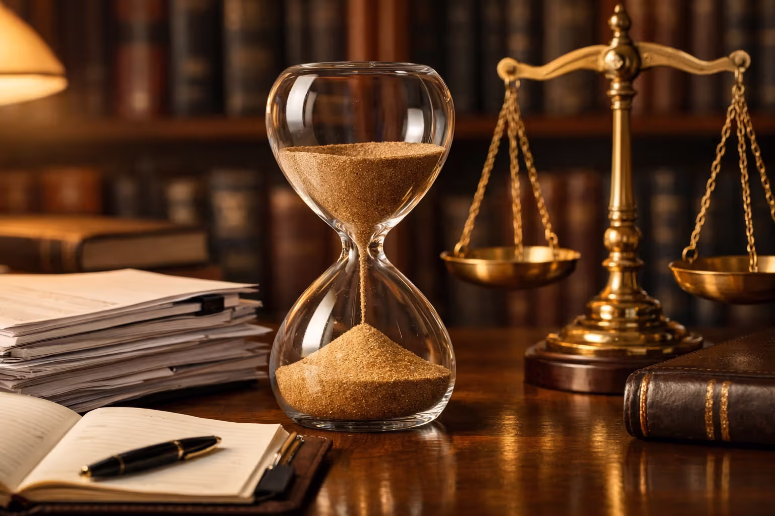 Hourglass running out of time on attorney desk with legal documents and scales of justice symbolizing filing deadline
