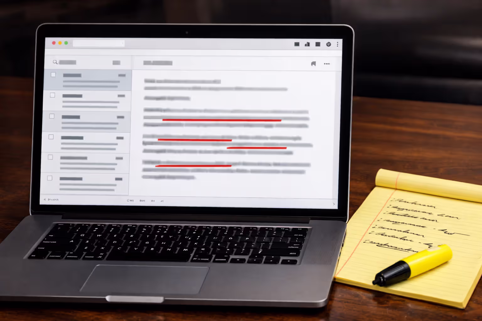 Laptop screen showing corporate email inbox with highlighted passages next to legal notepad, representing discovery evidence in trucking litigation