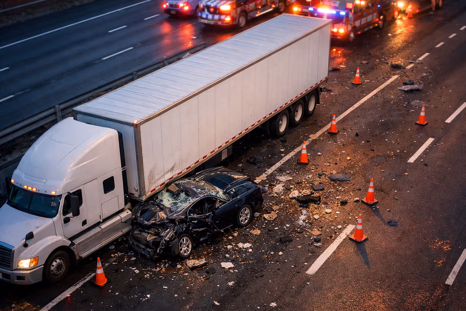 Severe highway collision between a large semi-trailer truck and a crushed sedan with emergency lights in the background