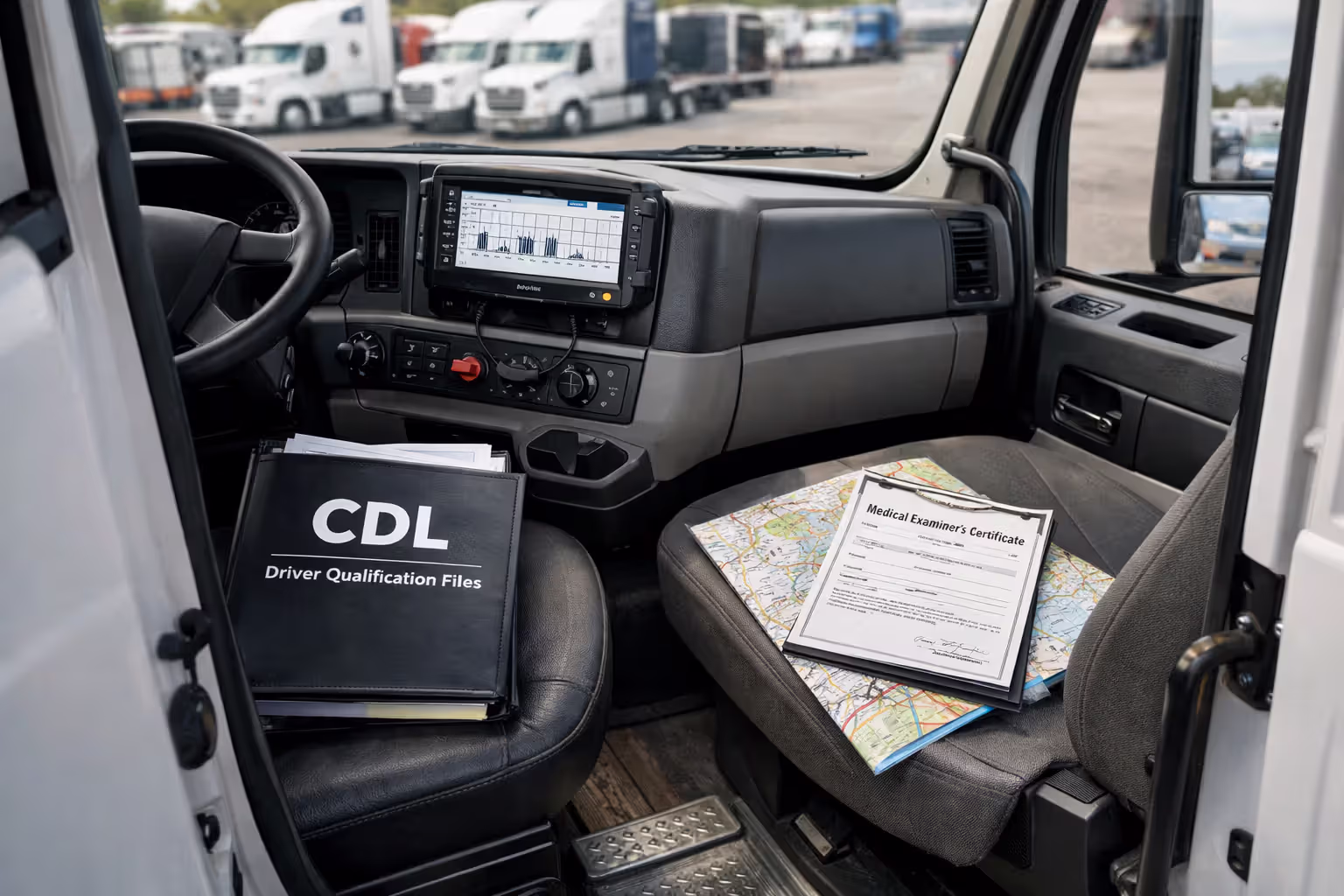 Attorney desk with FMCSA regulation book tablet showing accident reconstruction and legal case folders