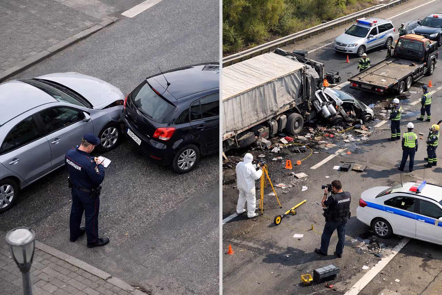 Split comparison showing simple car accident investigation versus complex semi truck crash scene with multiple experts