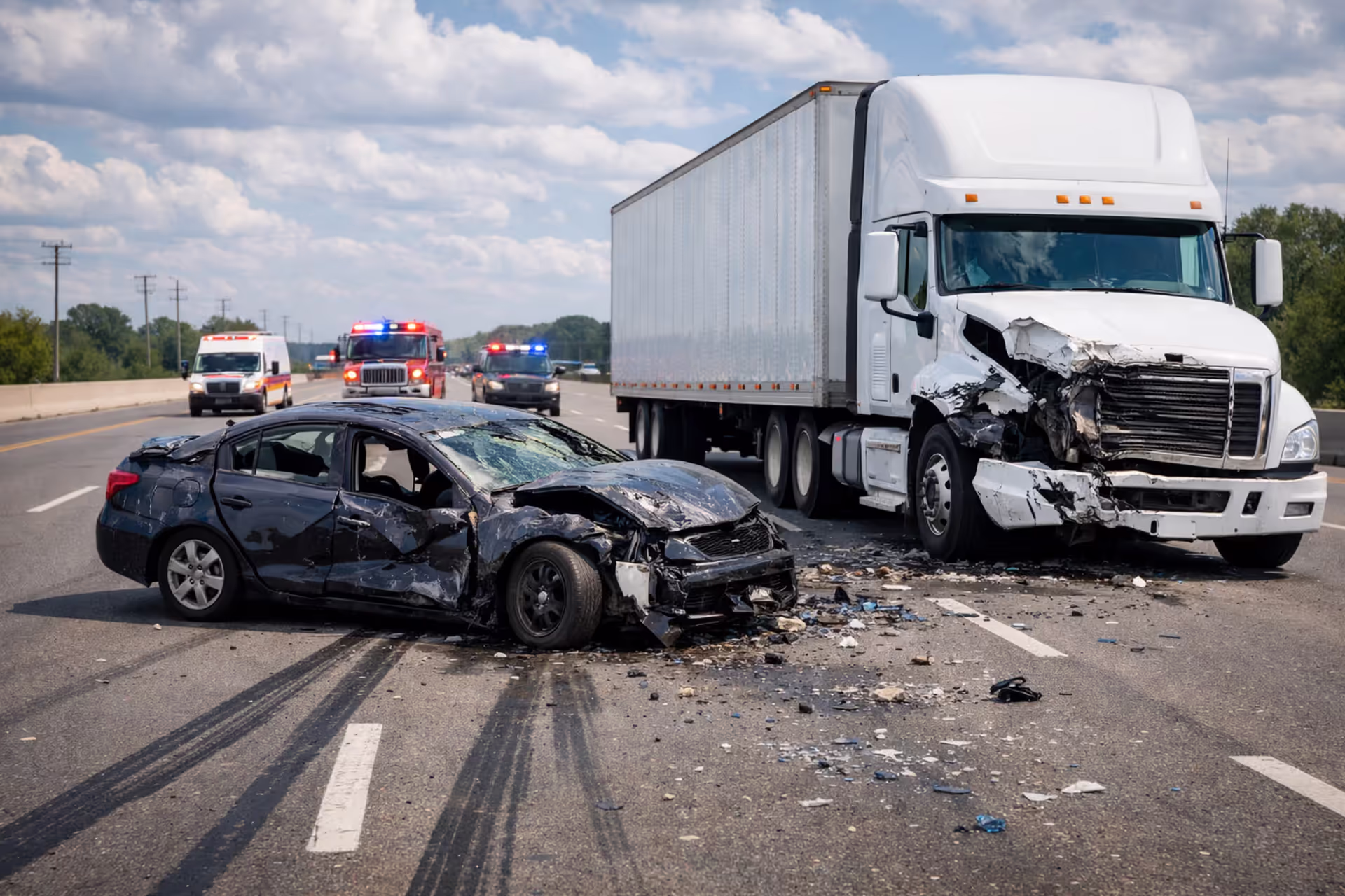 Severely damaged car next to a large white semi truck after highway collision with emergency vehicles approaching